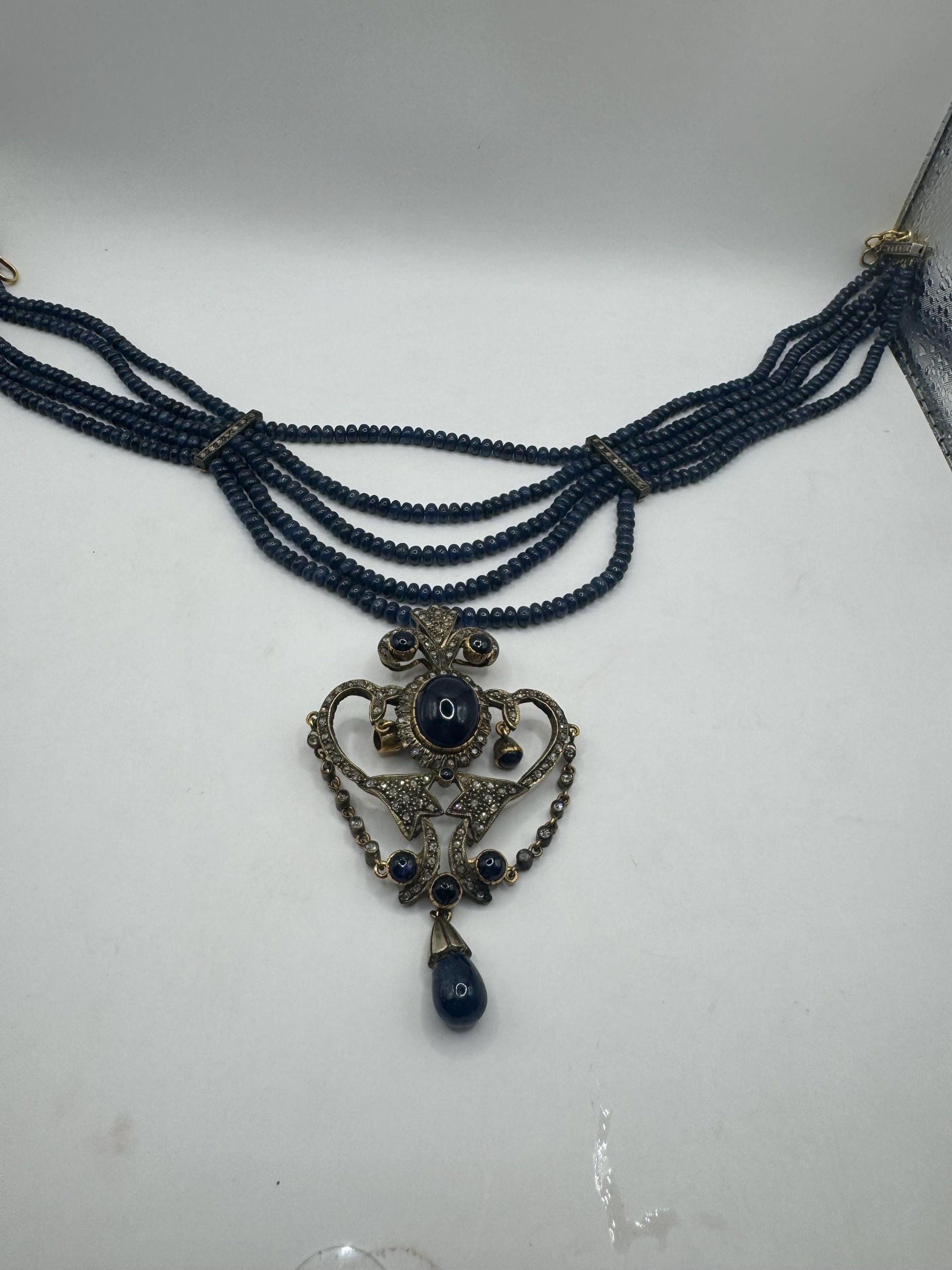 Antique Blue Sapphire Necklace Rose Cut Diamond Gold 925 Sterling Silver Pendant