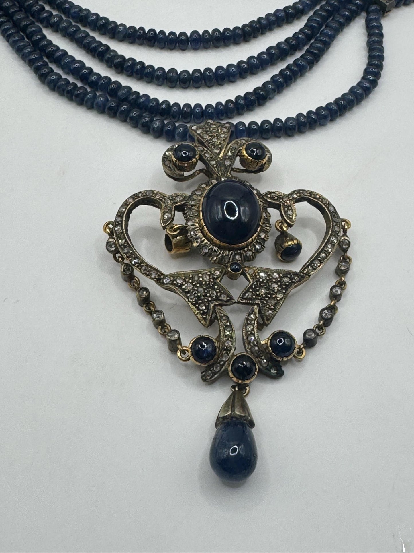 Antique Blue Sapphire Necklace Rose Cut Diamond Gold 925 Sterling Silver Pendant