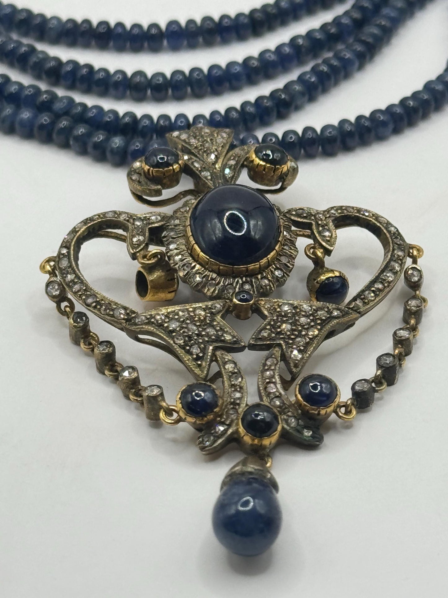 Antique Blue Sapphire Necklace Rose Cut Diamond Gold 925 Sterling Silver Pendant