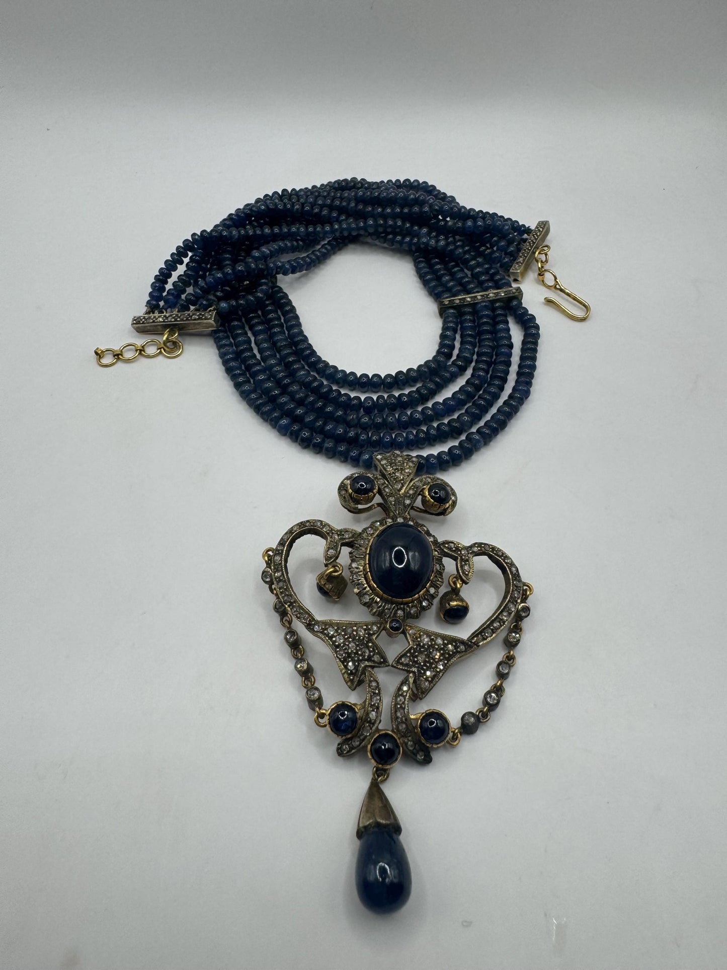 Antique Blue Sapphire Necklace Rose Cut Diamond Gold 925 Sterling Silver Pendant