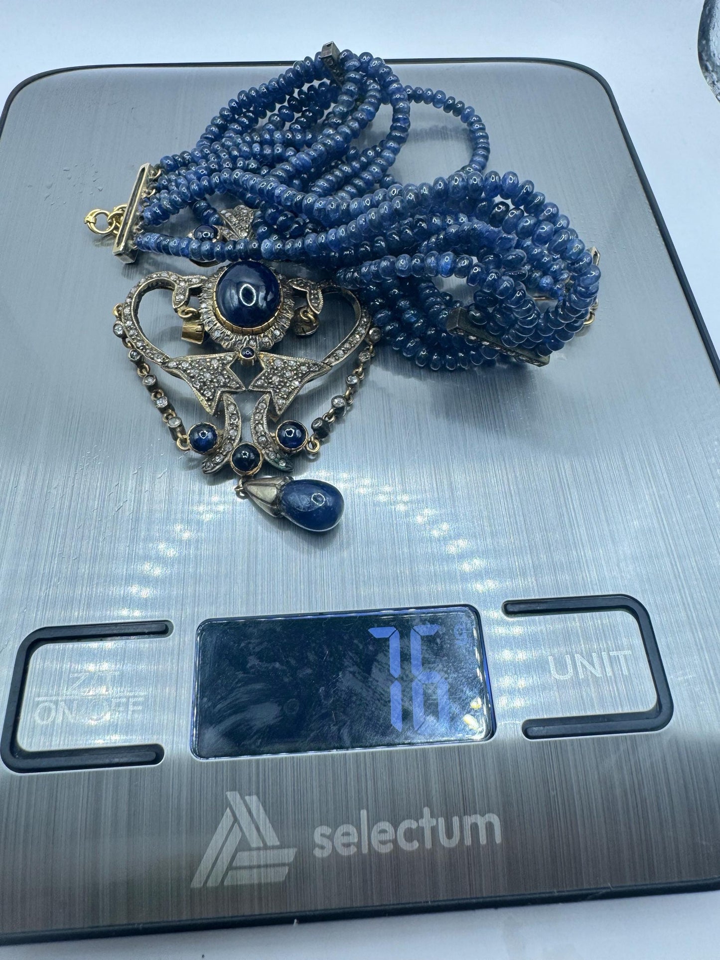 Antique Blue Sapphire Necklace Rose Cut Diamond Gold 925 Sterling Silver Pendant