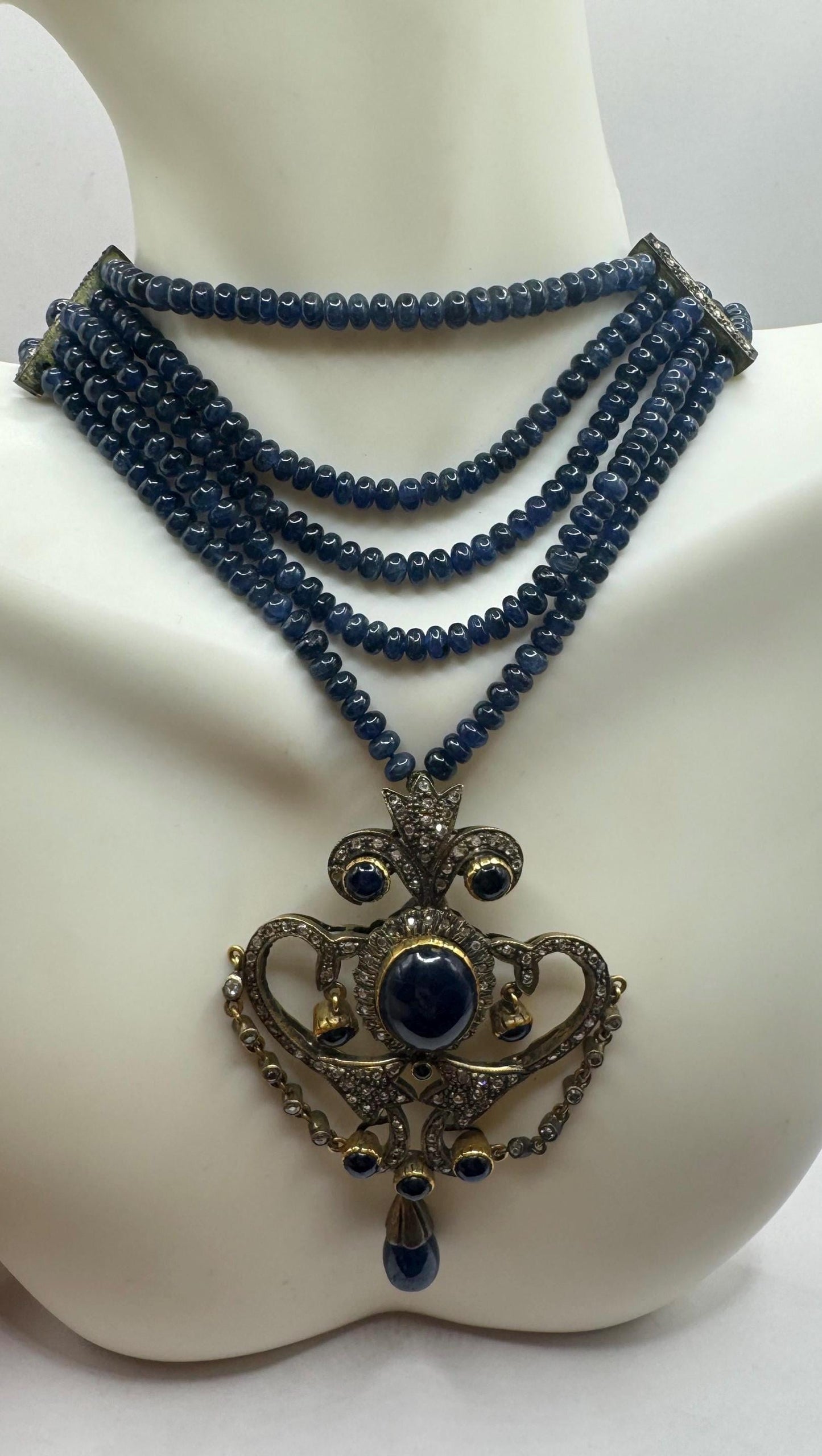 Antique Blue Sapphire Necklace Rose Cut Diamond Gold 925 Sterling Silver Pendant