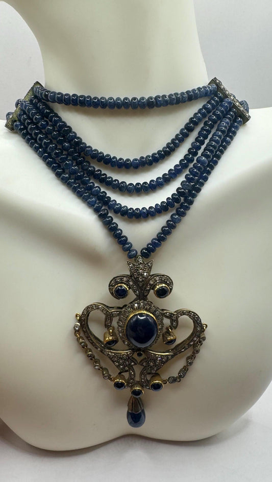 Antique Blue Sapphire Necklace Rose Cut Diamond Gold 925 Sterling Silver Pendant