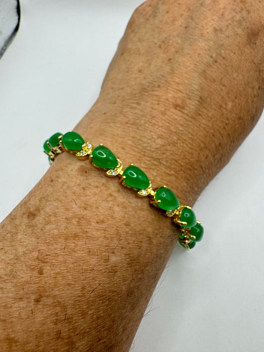 Vintage Green Jade Tennis Bracelet Gold Bronze