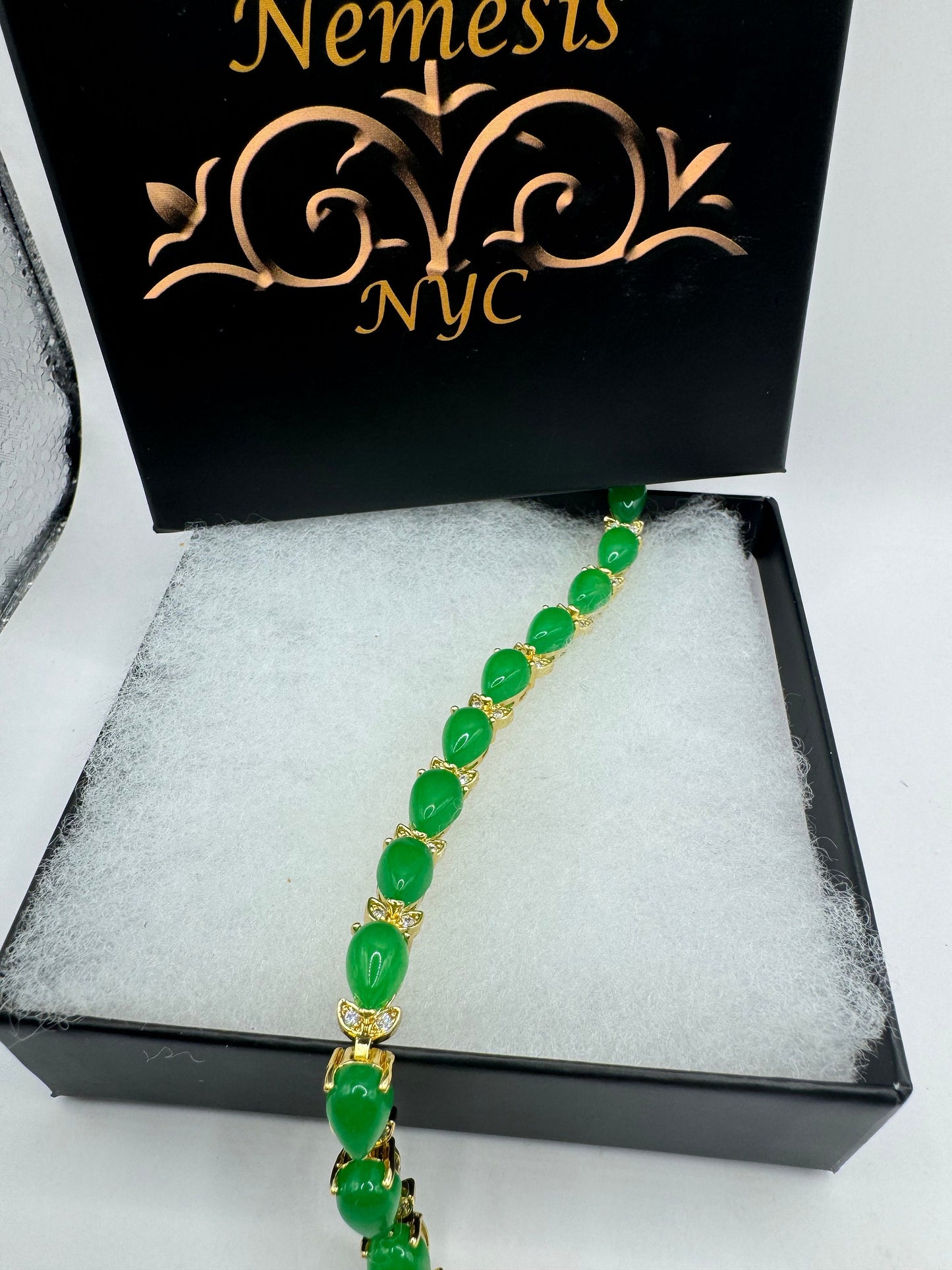 Vintage Green Jade Tennis Bracelet Gold Bronze
