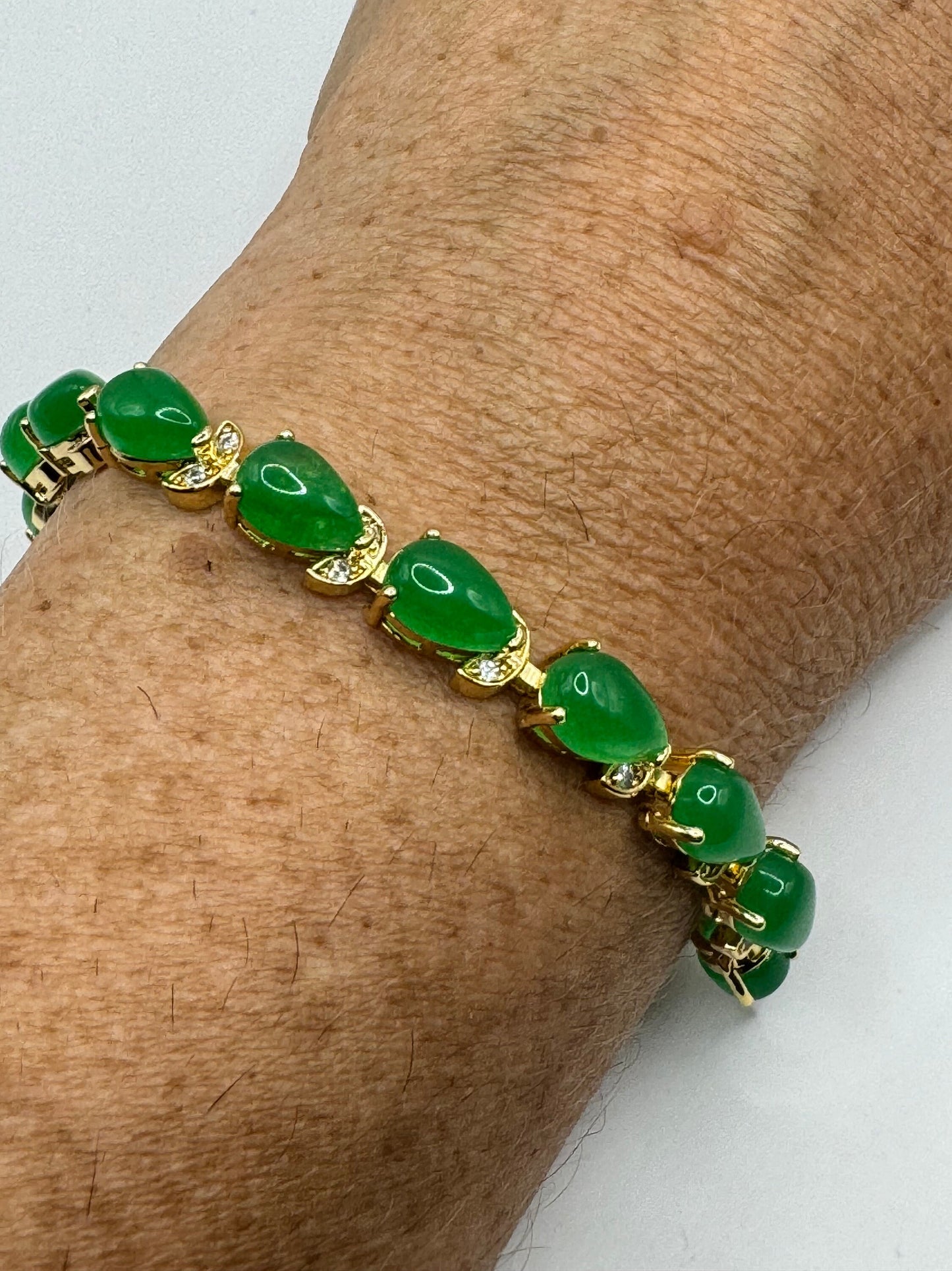 Vintage Green Jade Tennis Bracelet Gold Bronze