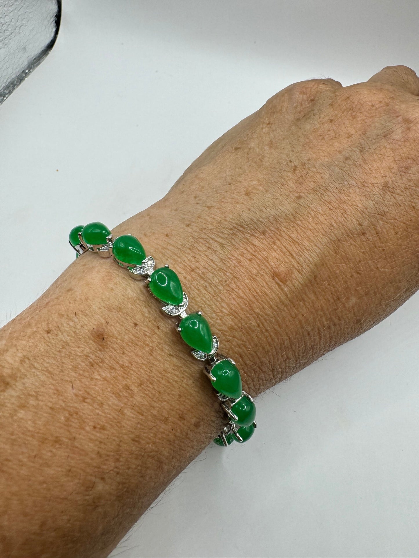 Vintage Green Jade Tennis Bracelet Silver Bronze