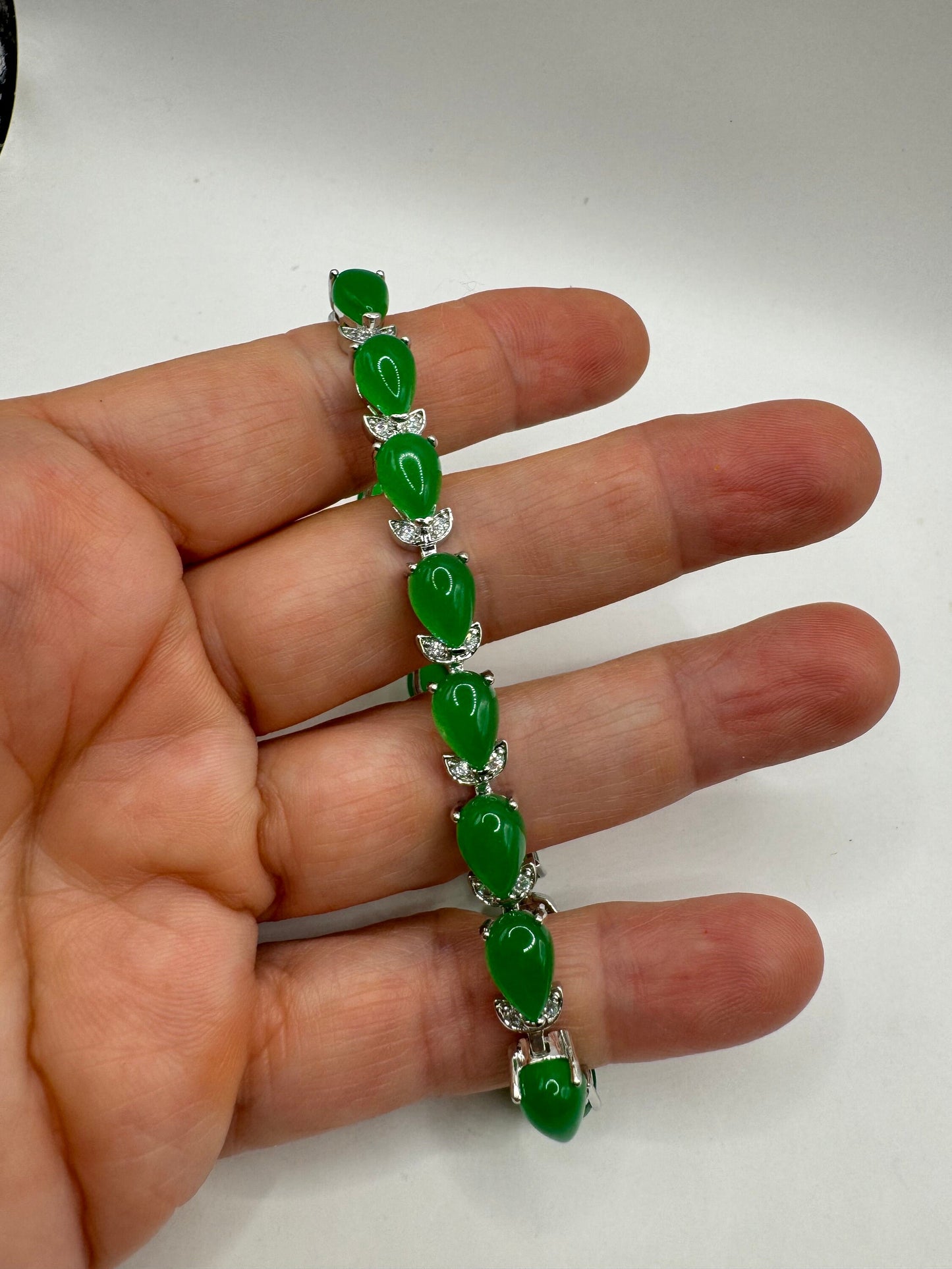 Vintage Green Jade Tennis Bracelet Silver Bronze