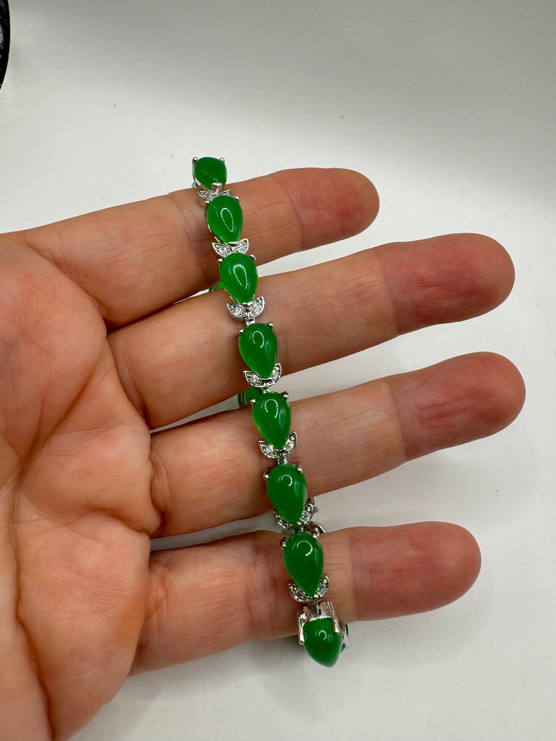 Vintage Green Jade Tennis Bracelet Silver Bronze