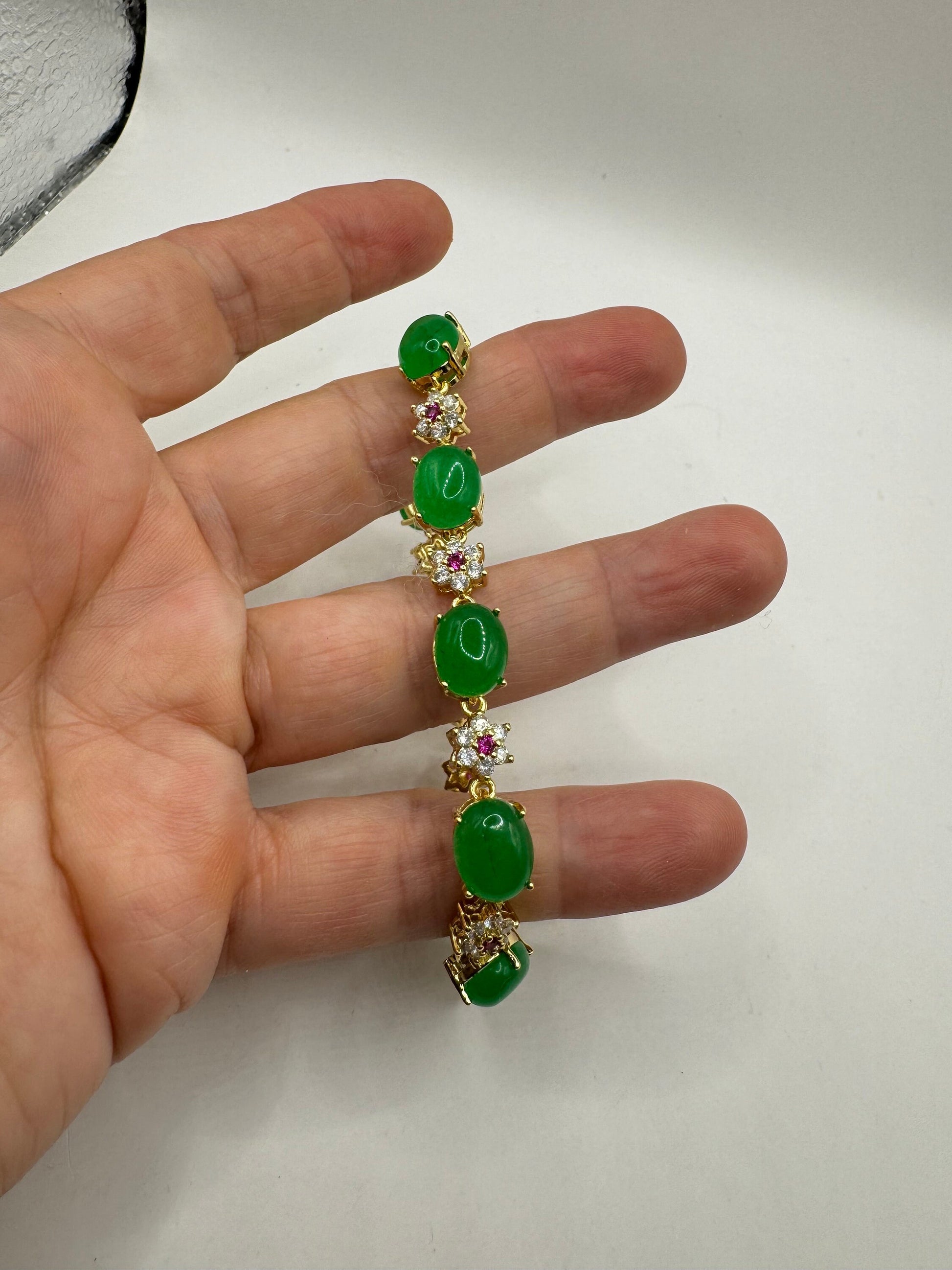 Vintage Green Jade Tennis Bracelet Gold Bronze