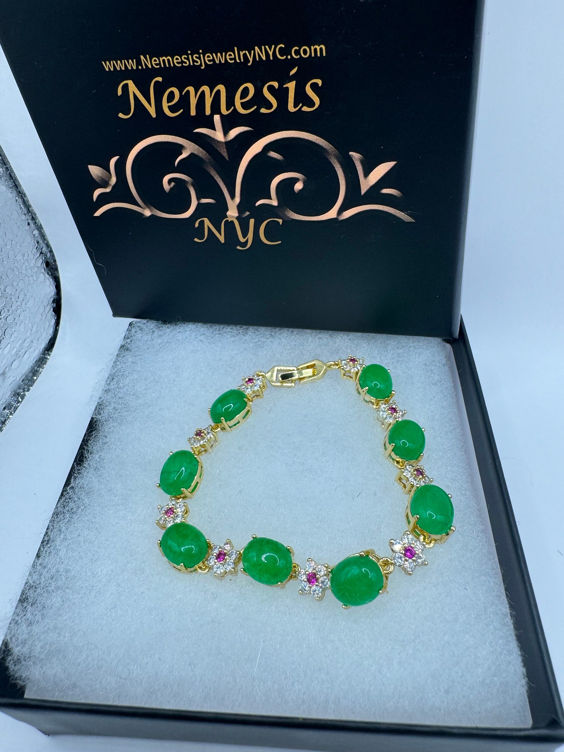 Vintage Green Jade Tennis Bracelet Gold Bronze