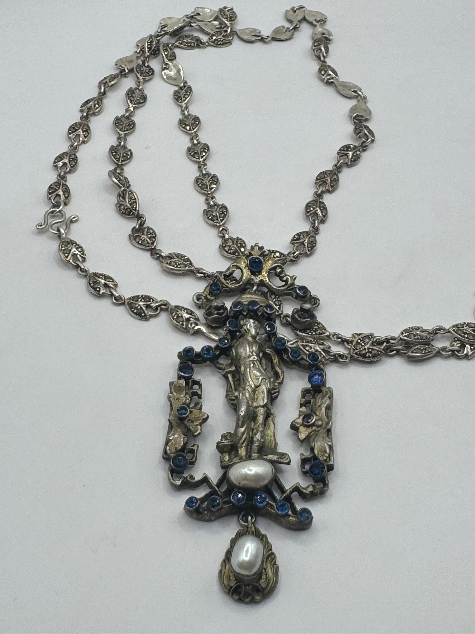 Vintage Austrio Hungarian Statement Silver Necklace| Roman revival| Blue iolite pearl