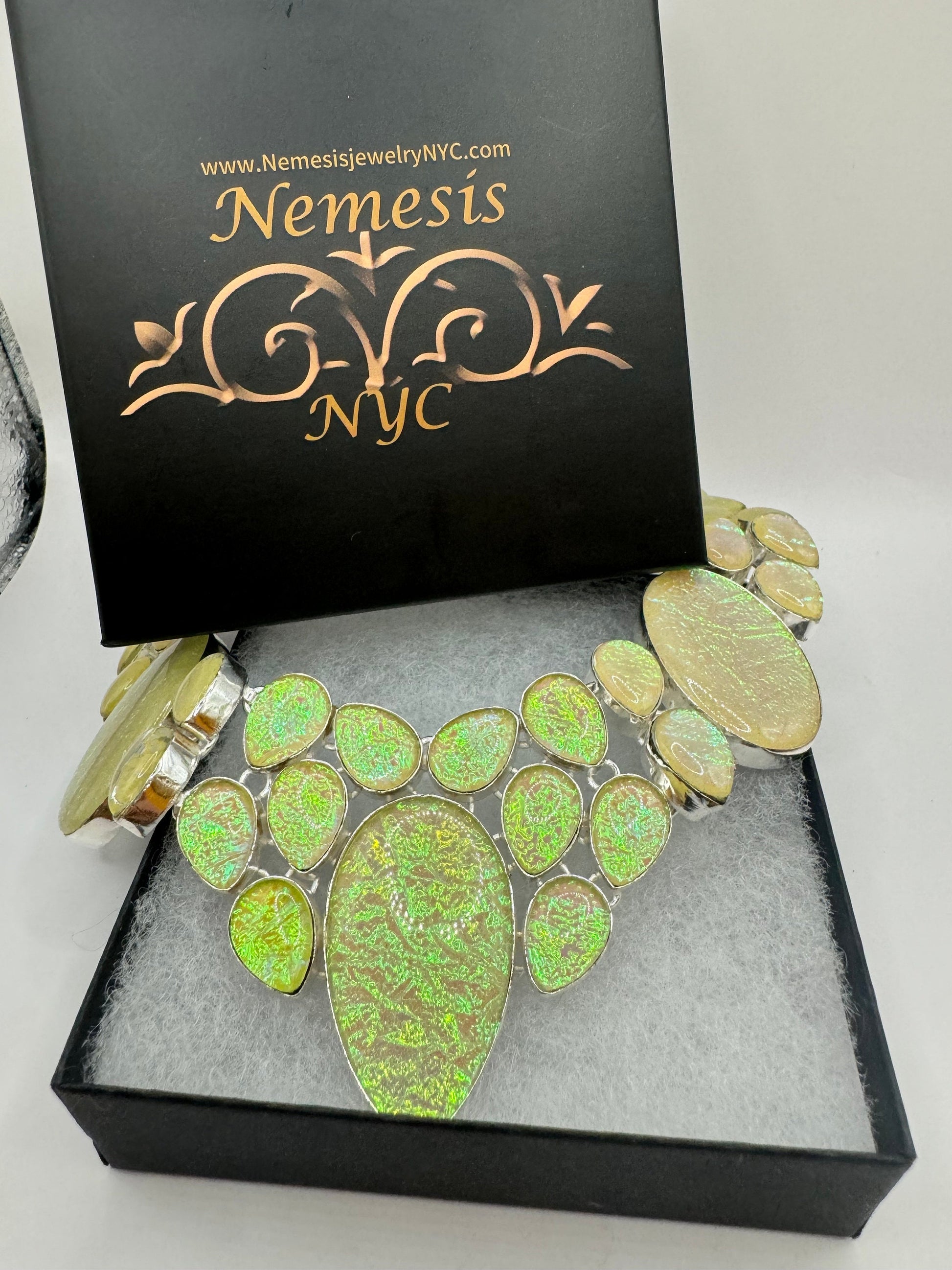 Vintage Opal Glass Statement Choker Silver Collar Bib Necklace