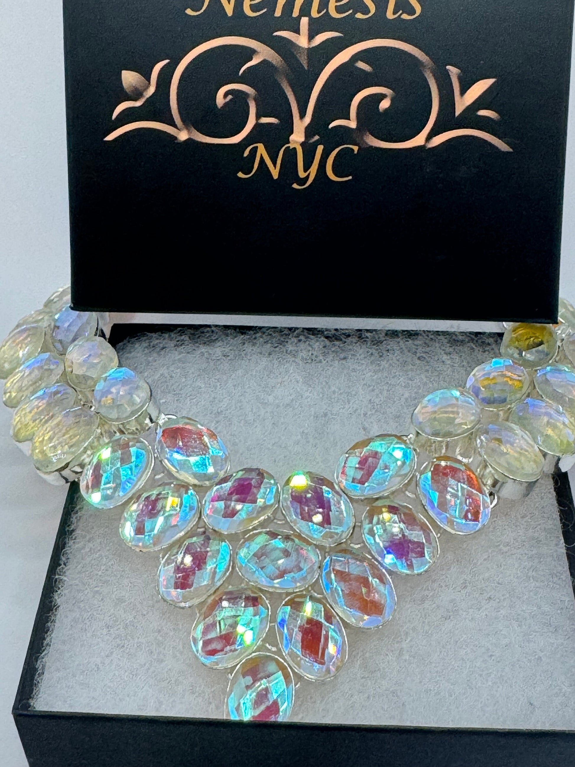 Vintage Opal Glass Statement Choker Silver Collar Bib Necklace