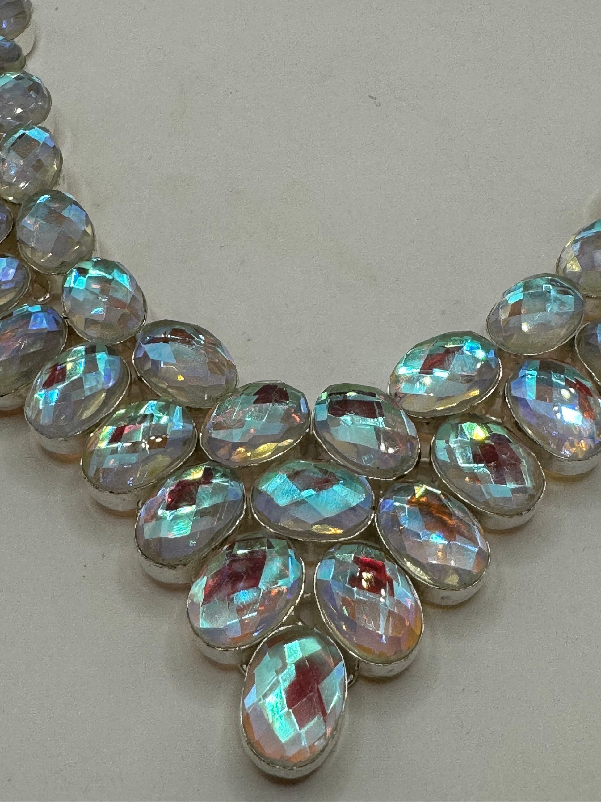 Vintage Opal Glass Statement Choker Silver Collar Bib Necklace