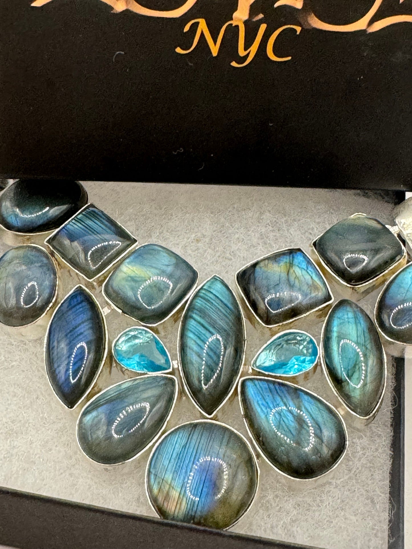 Vintage Rainbow Labradorite Choker Silver Collar Bib Necklace