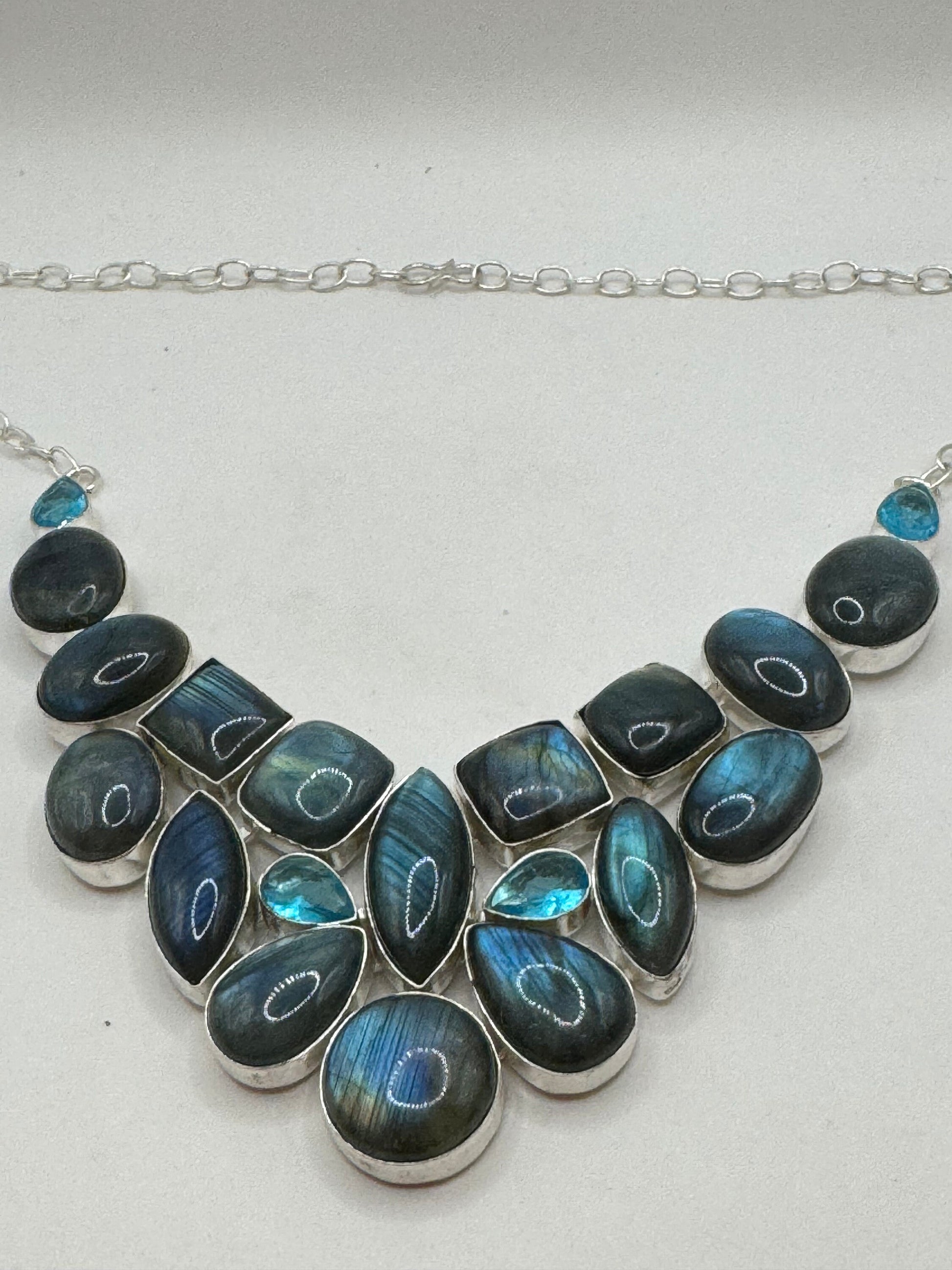 Vintage Rainbow Labradorite Choker Silver Collar Bib Necklace