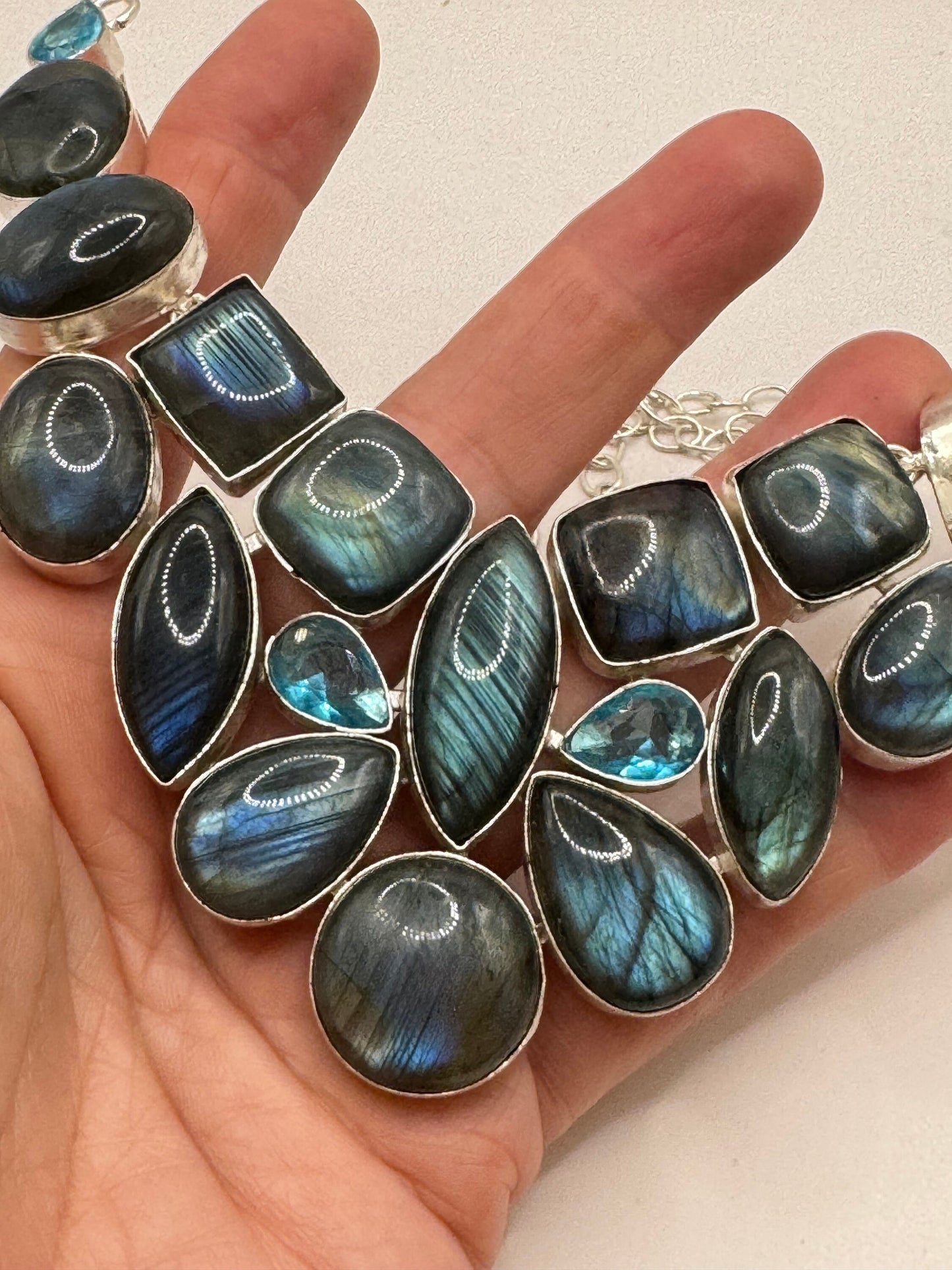 Vintage Rainbow Labradorite Choker Silver Collar Bib Necklace