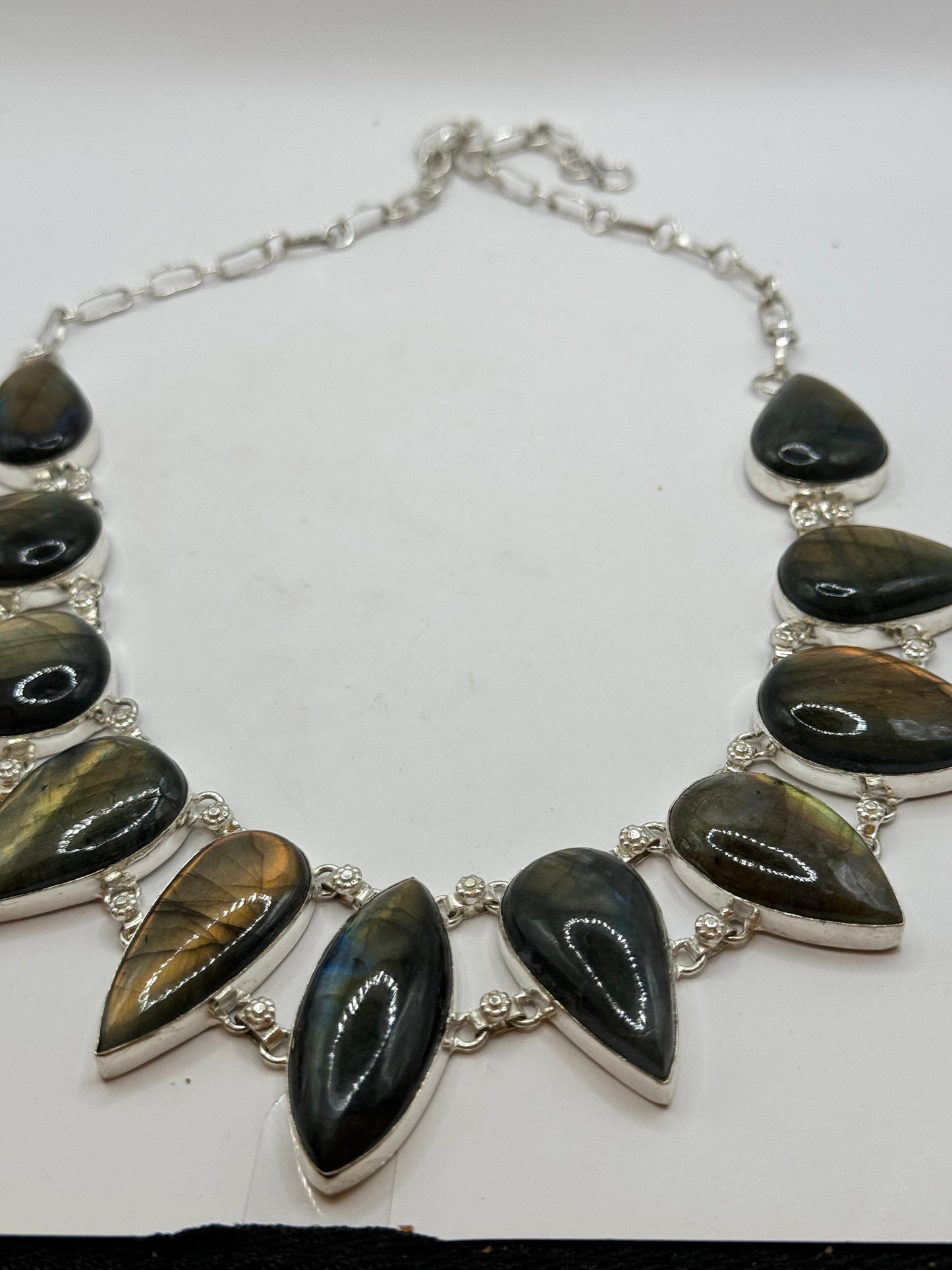 Vintage Silver Genuine Rainbow Labradorite Statement Collar Choker Necklace