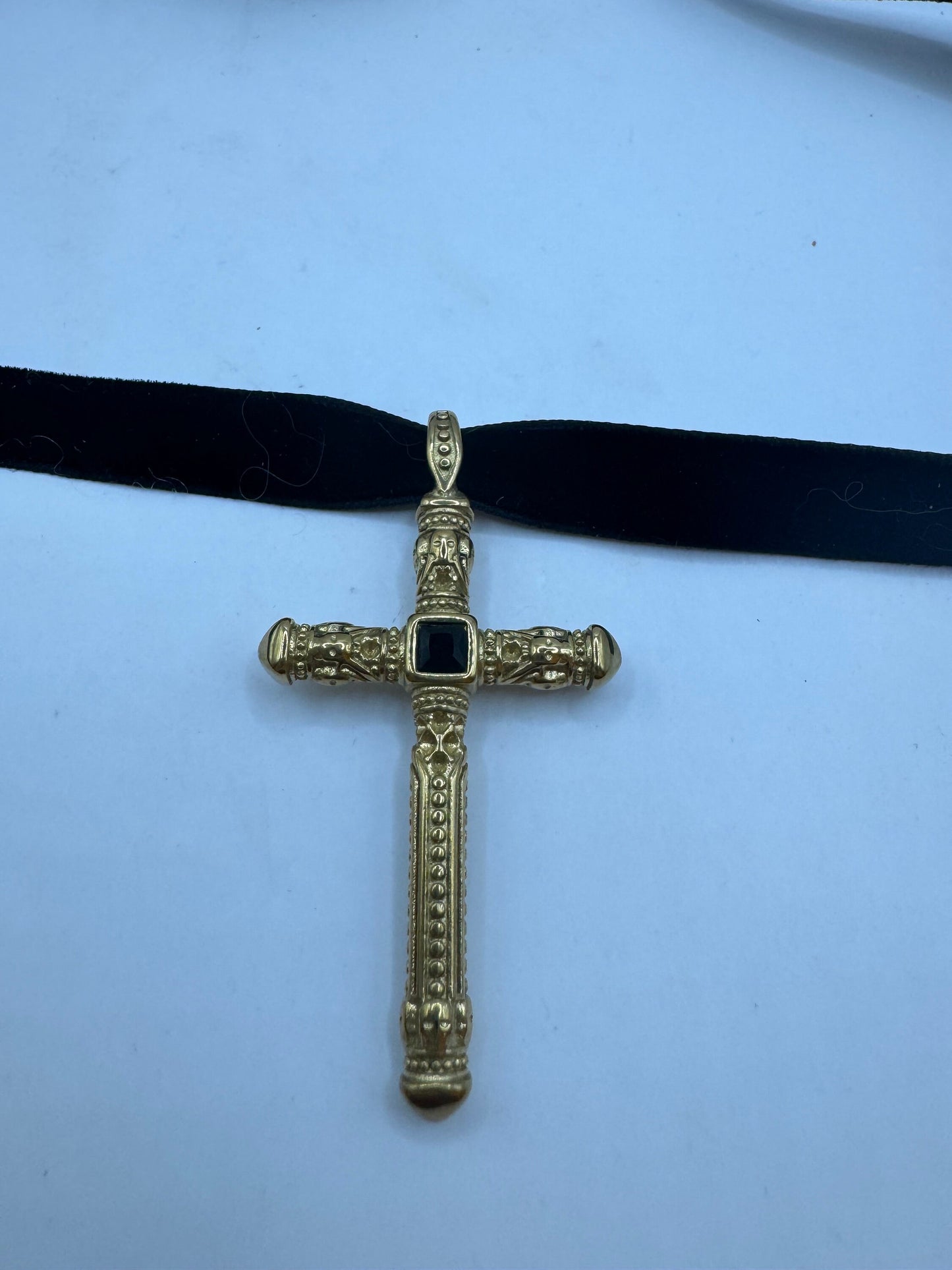 Vintage Celtic Black Jet Golden Stainless Steel Cross Pendant Necklace