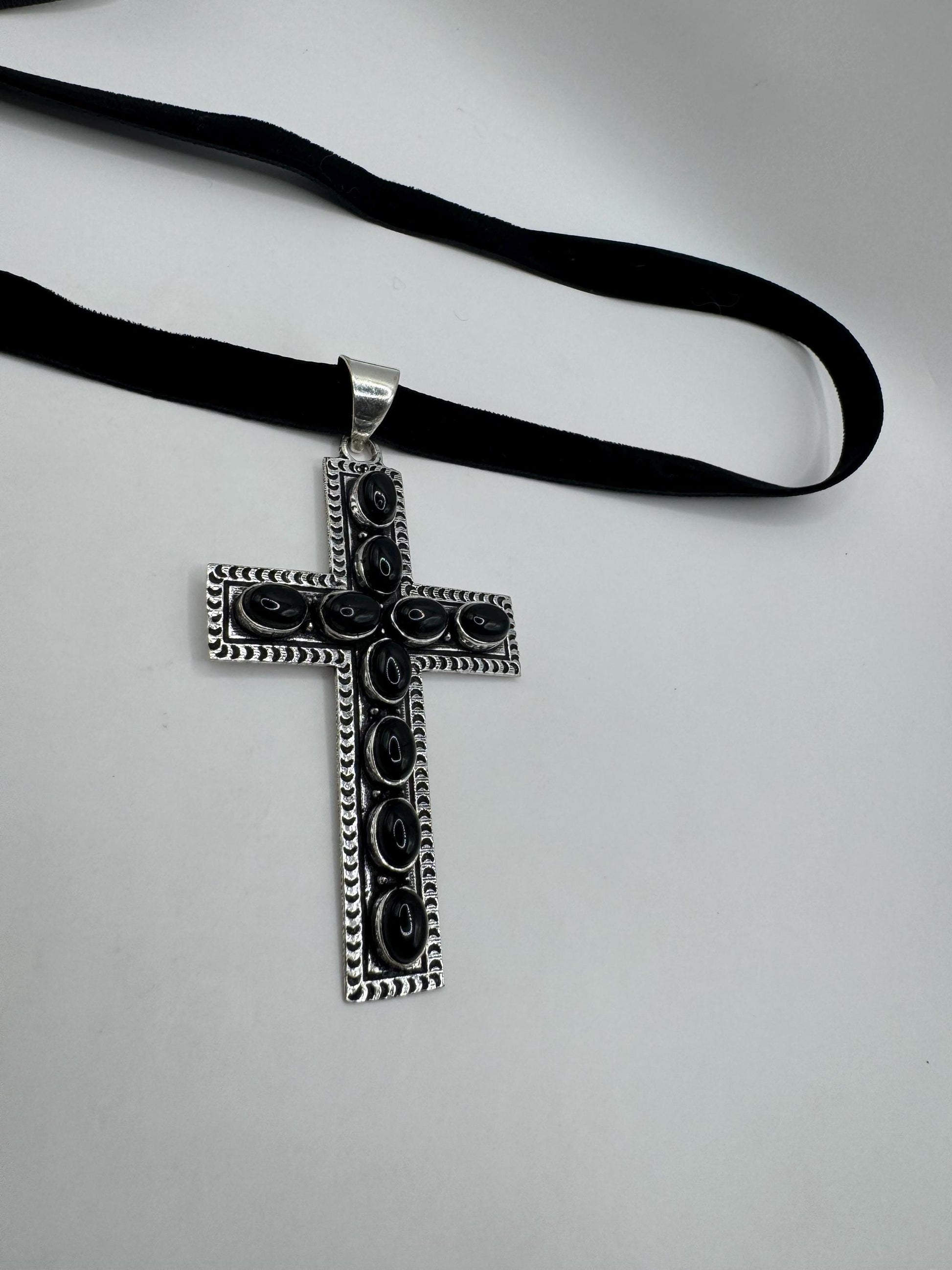 Vintage Black Onyx Cross Boho Choker Black Velvet Ribbon Pendant