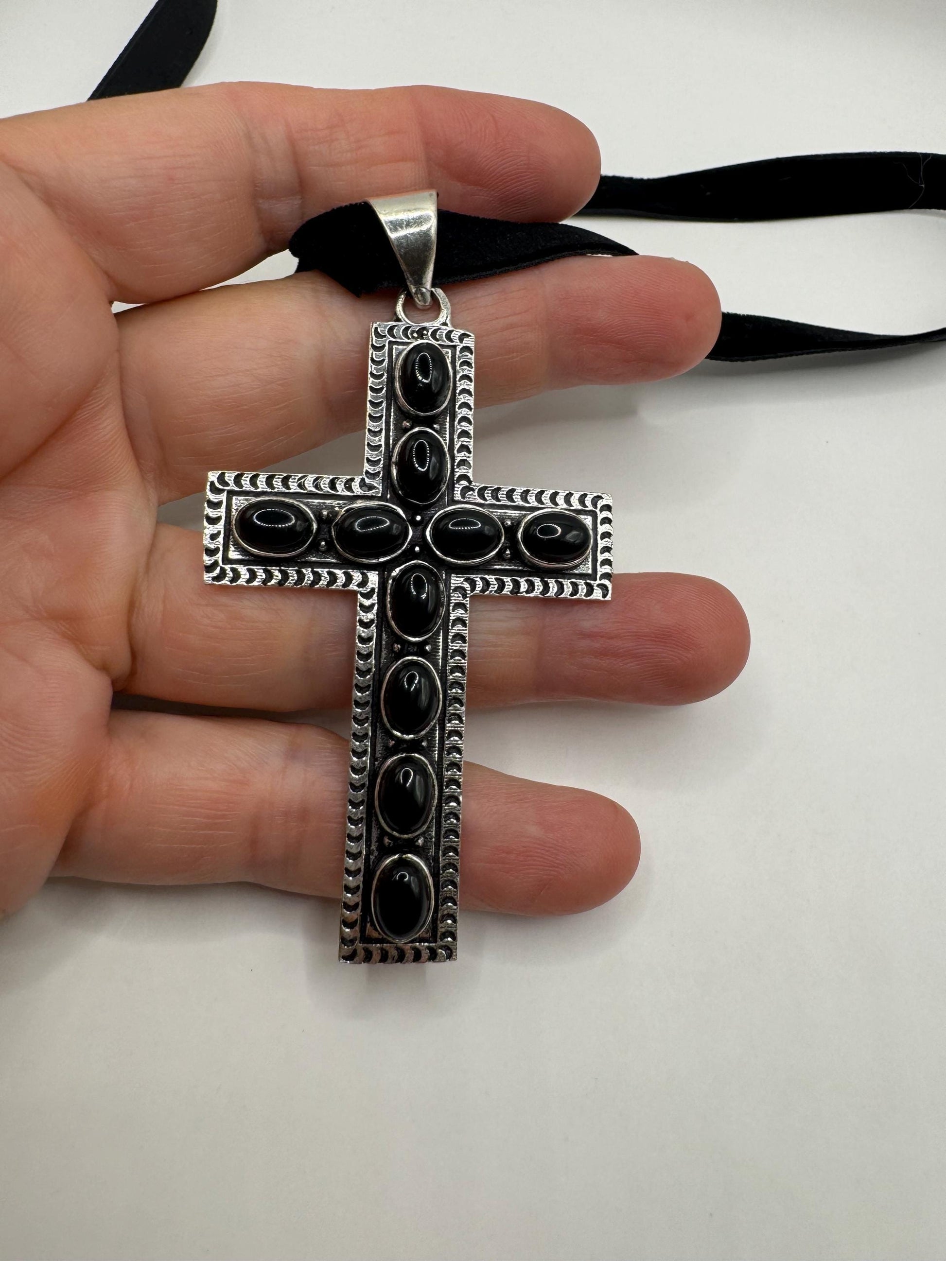 Vintage Black Onyx Cross Boho Choker Black Velvet Ribbon Pendant