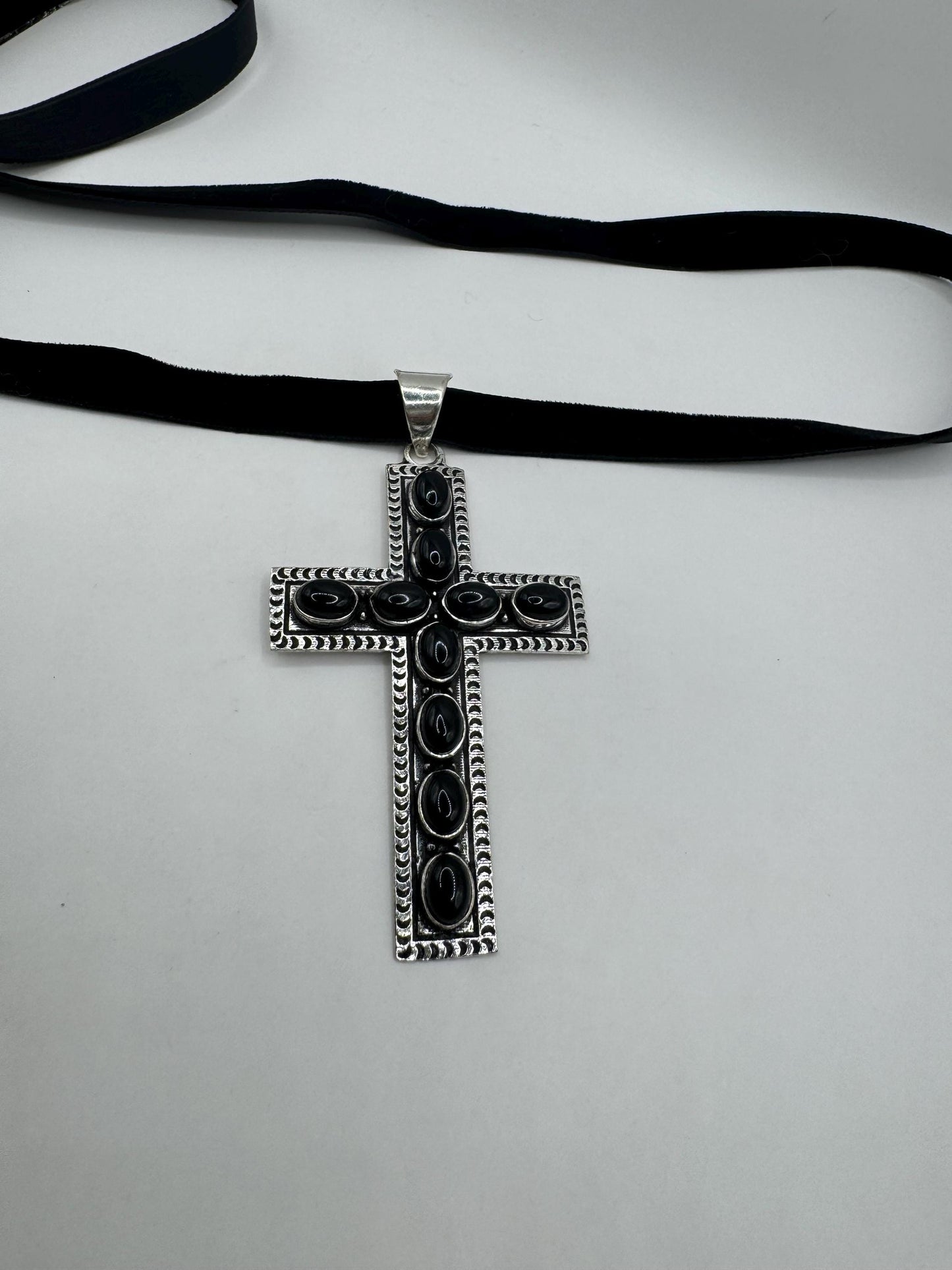 Vintage Black Onyx Cross Boho Choker Black Velvet Ribbon Pendant