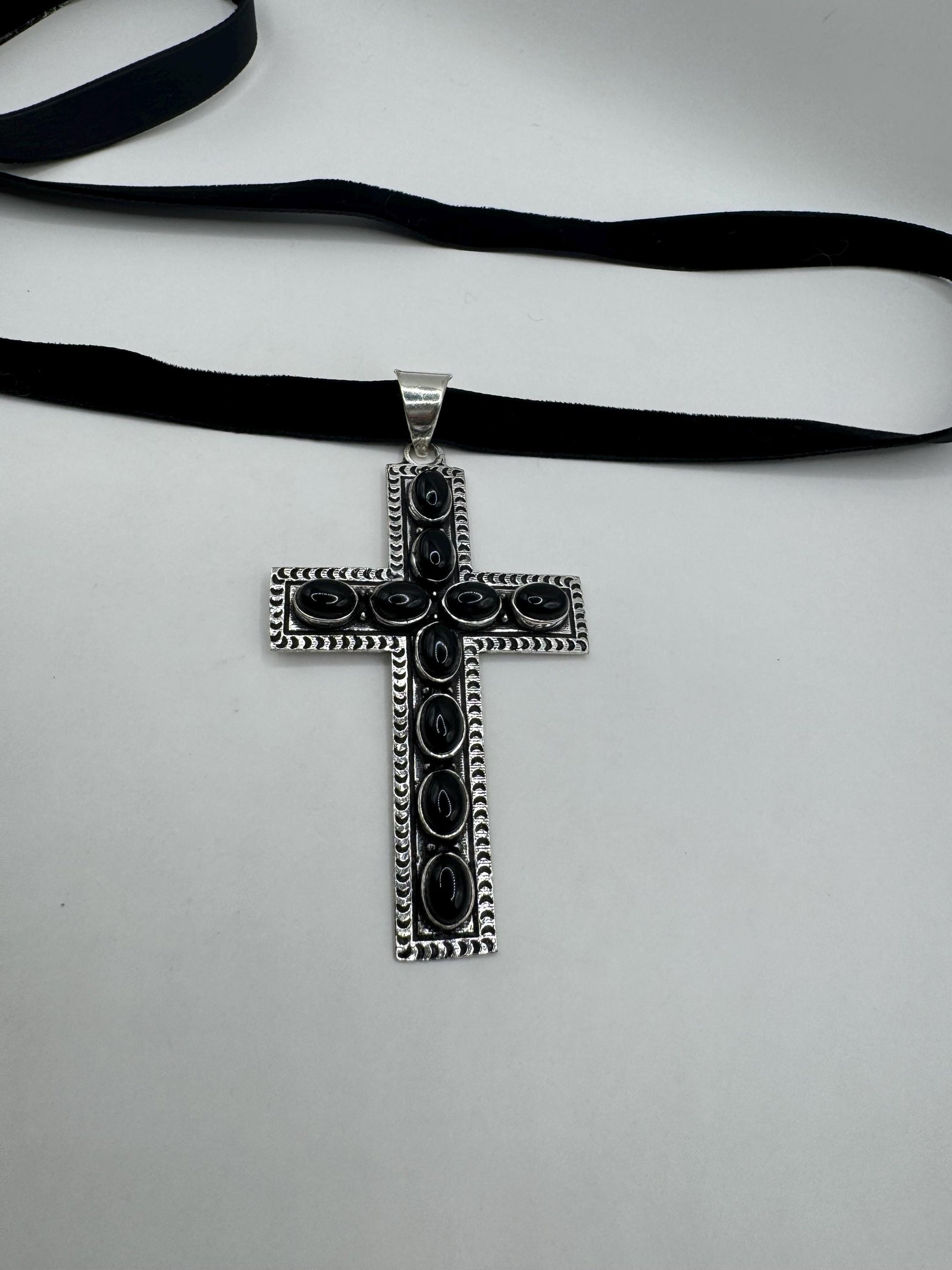 Vintage Black Onyx Cross Boho Choker Black Velvet Ribbon Pendant
