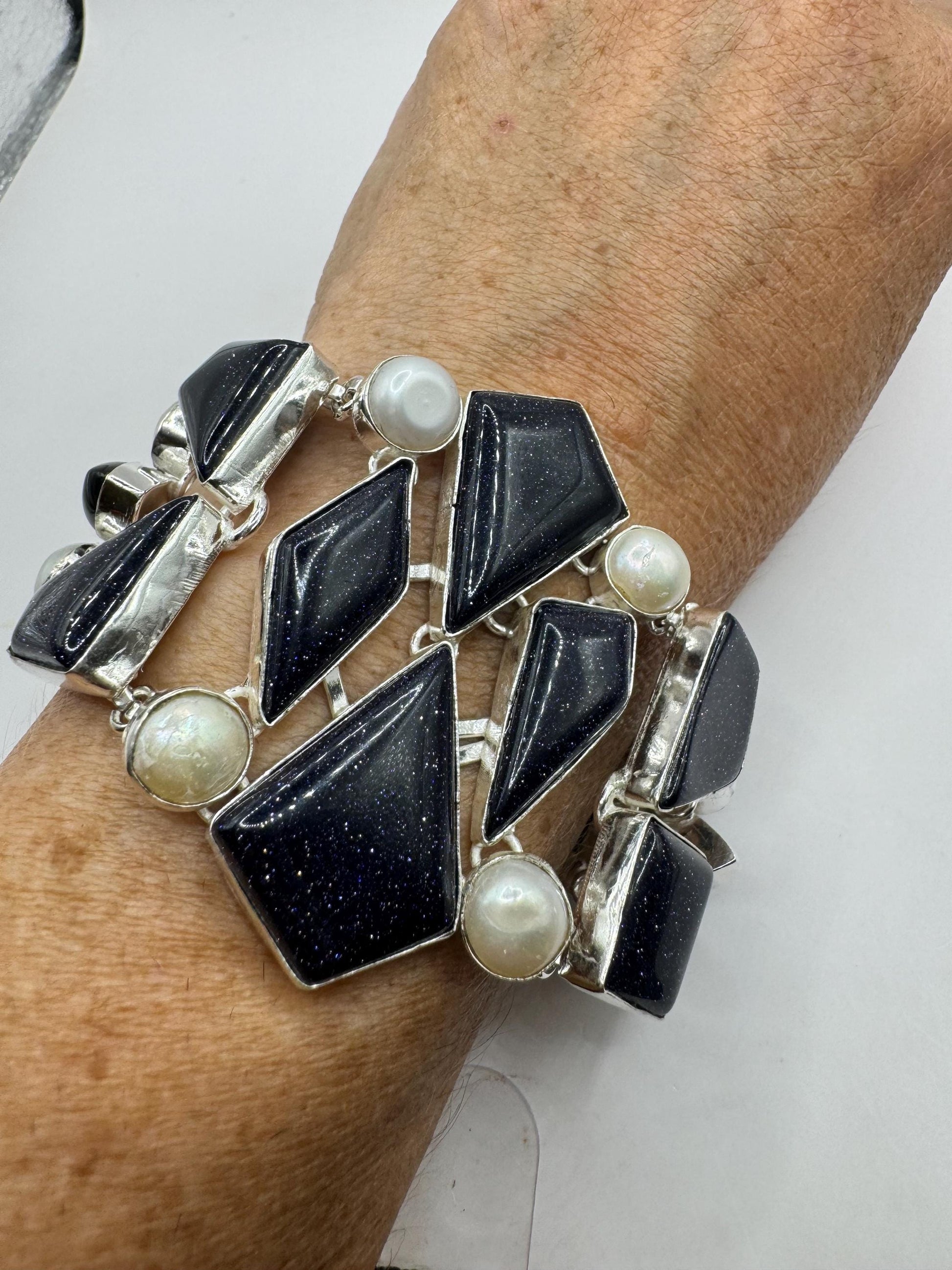 Vintage Black Goldstone Pearl Silver Chunky Boho Bracelet