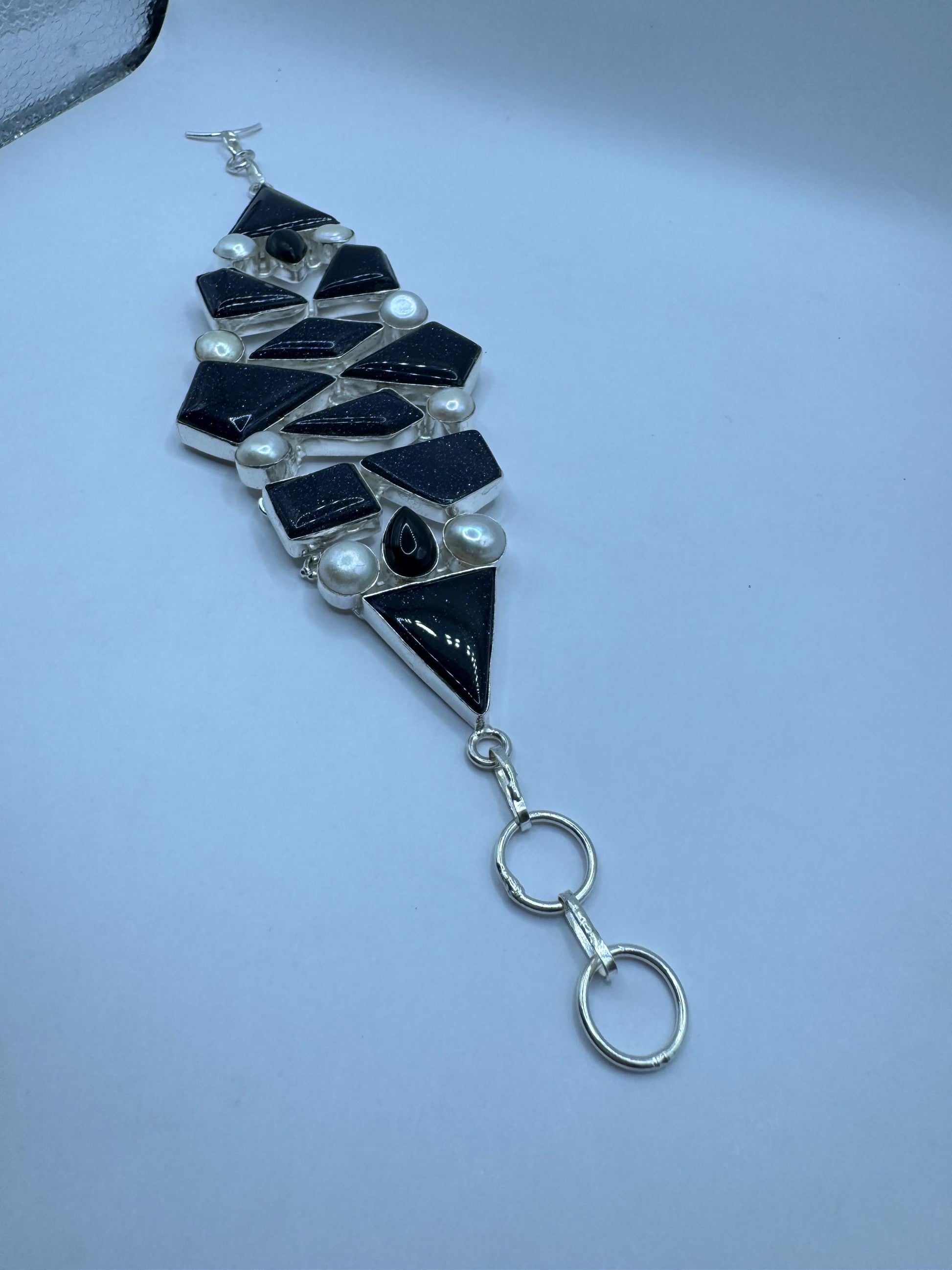 Vintage Black Goldstone Pearl Silver Chunky Boho Bracelet
