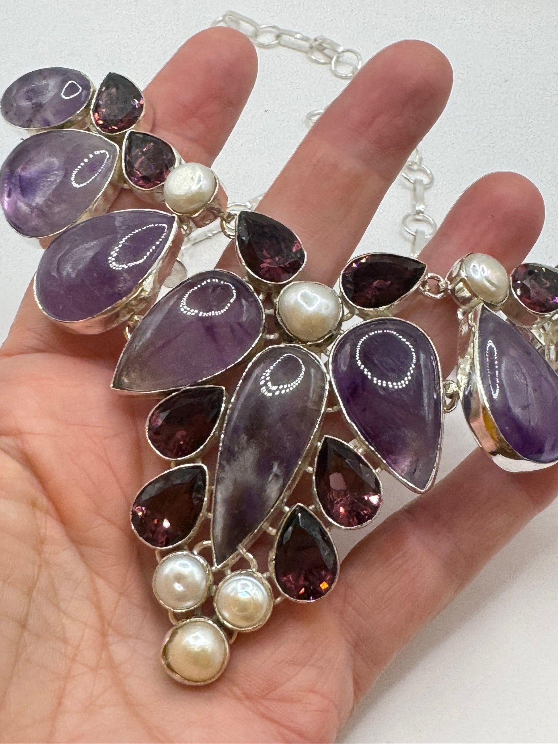 Vintage Purple Amethyst Garnet Pearl Choker Bohemian Collar Necklace