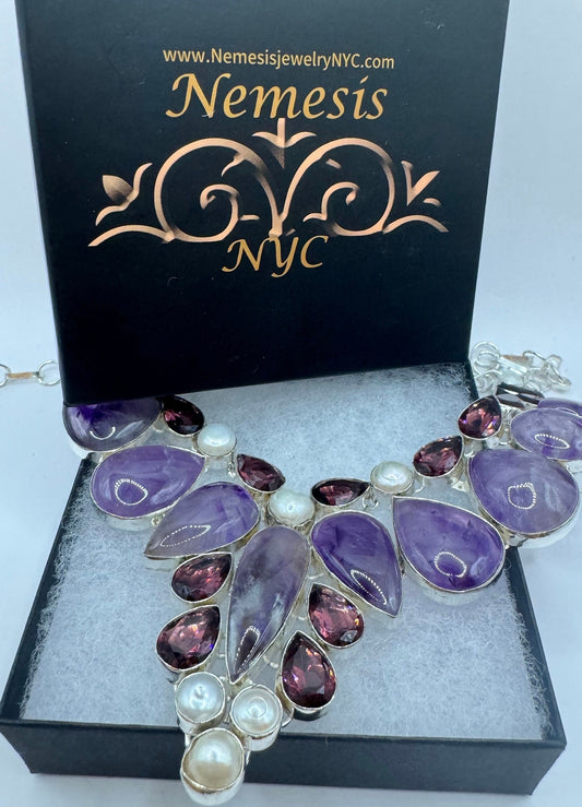 Vintage Purple Amethyst Garnet Pearl Choker Bohemian Collar Necklace