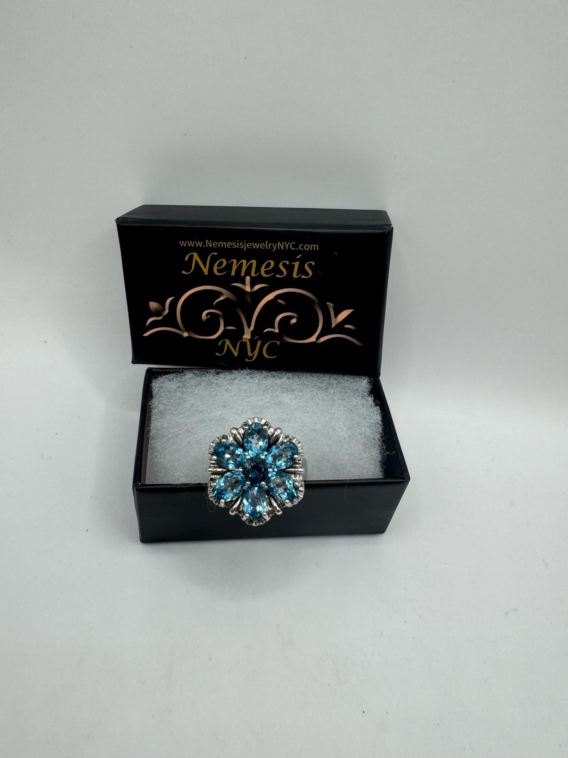 Vintage Genuine Blue Topaz 925 Sterling Silver Flower Cocktail Ring