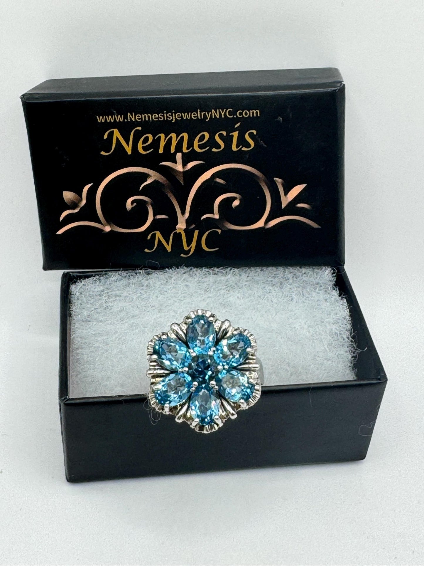 Vintage Genuine Blue Topaz 925 Sterling Silver Flower Cocktail Ring