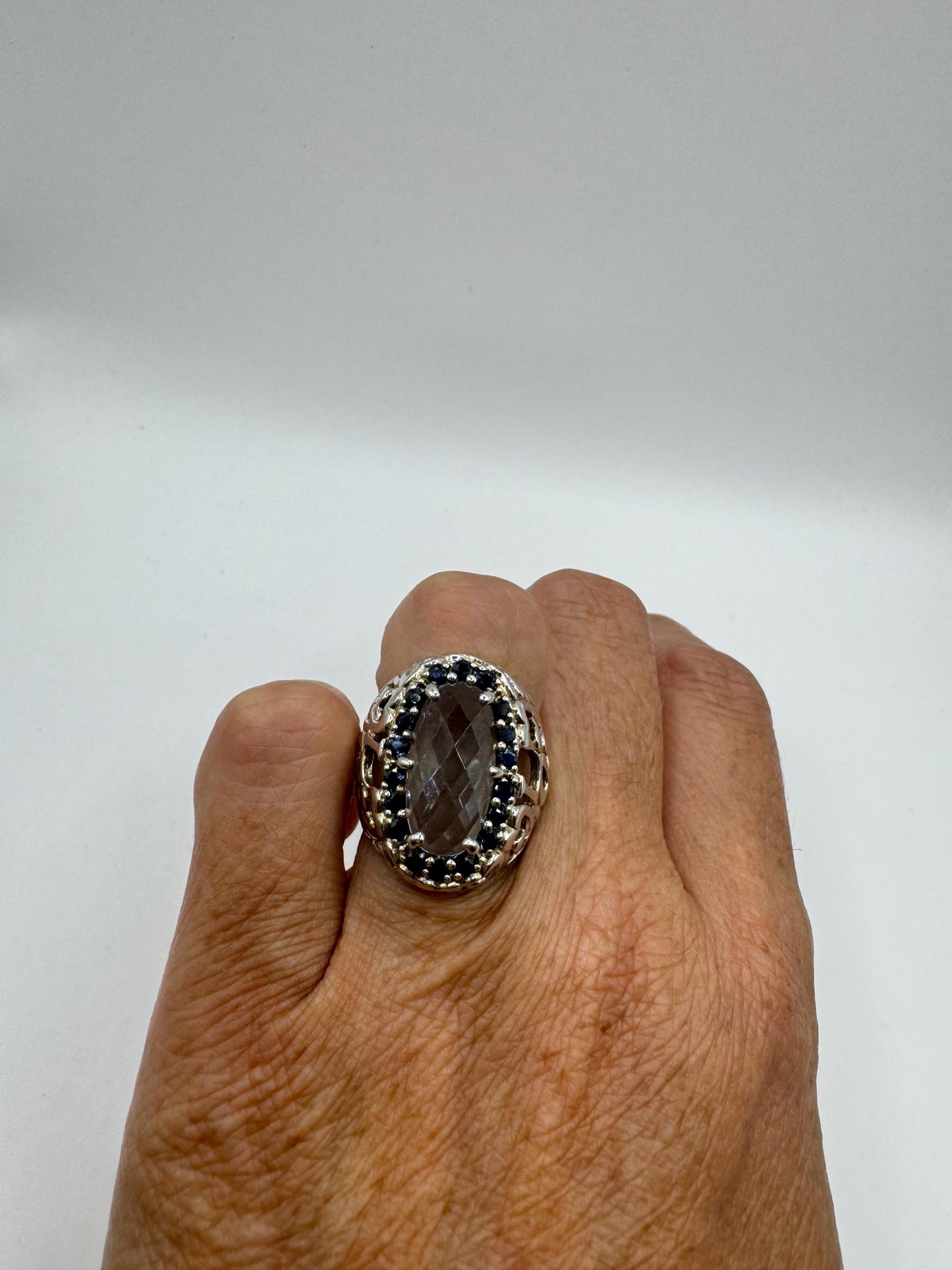 Vintage Genuine Blue Topaz and Sapphire 925 Sterling Silver Flower Cocktail Ring