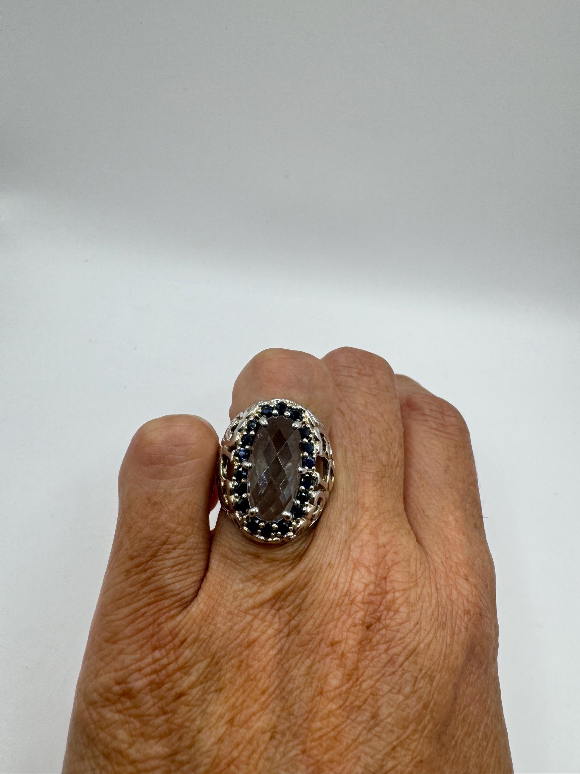 Vintage Genuine Blue Topaz and Sapphire 925 Sterling Silver Flower Cocktail Ring