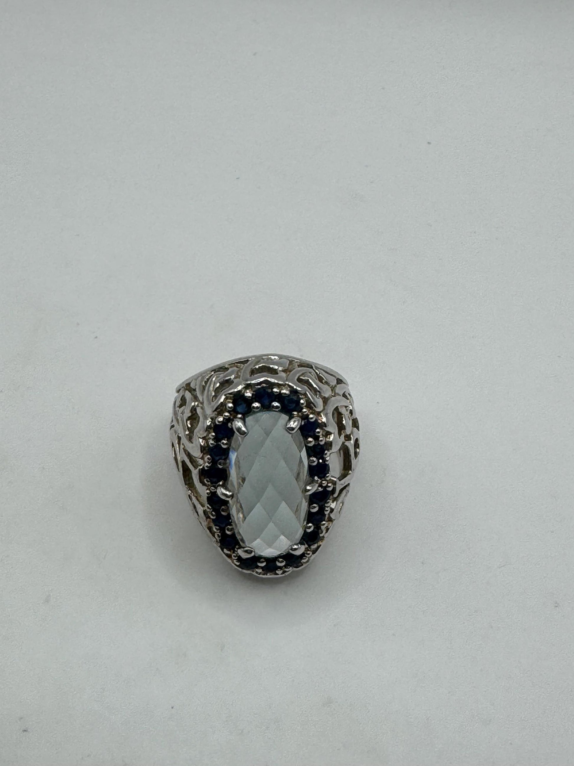 Vintage Genuine Blue Topaz and Sapphire 925 Sterling Silver Flower Cocktail Ring