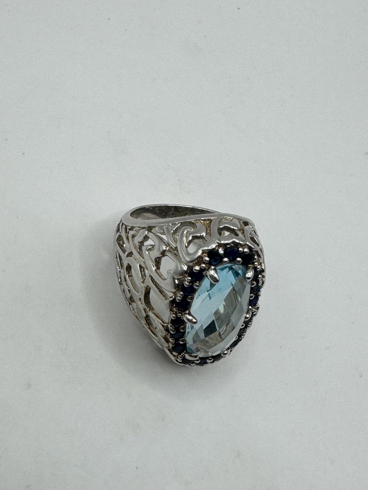 Vintage Genuine Blue Topaz and Sapphire 925 Sterling Silver Flower Cocktail Ring