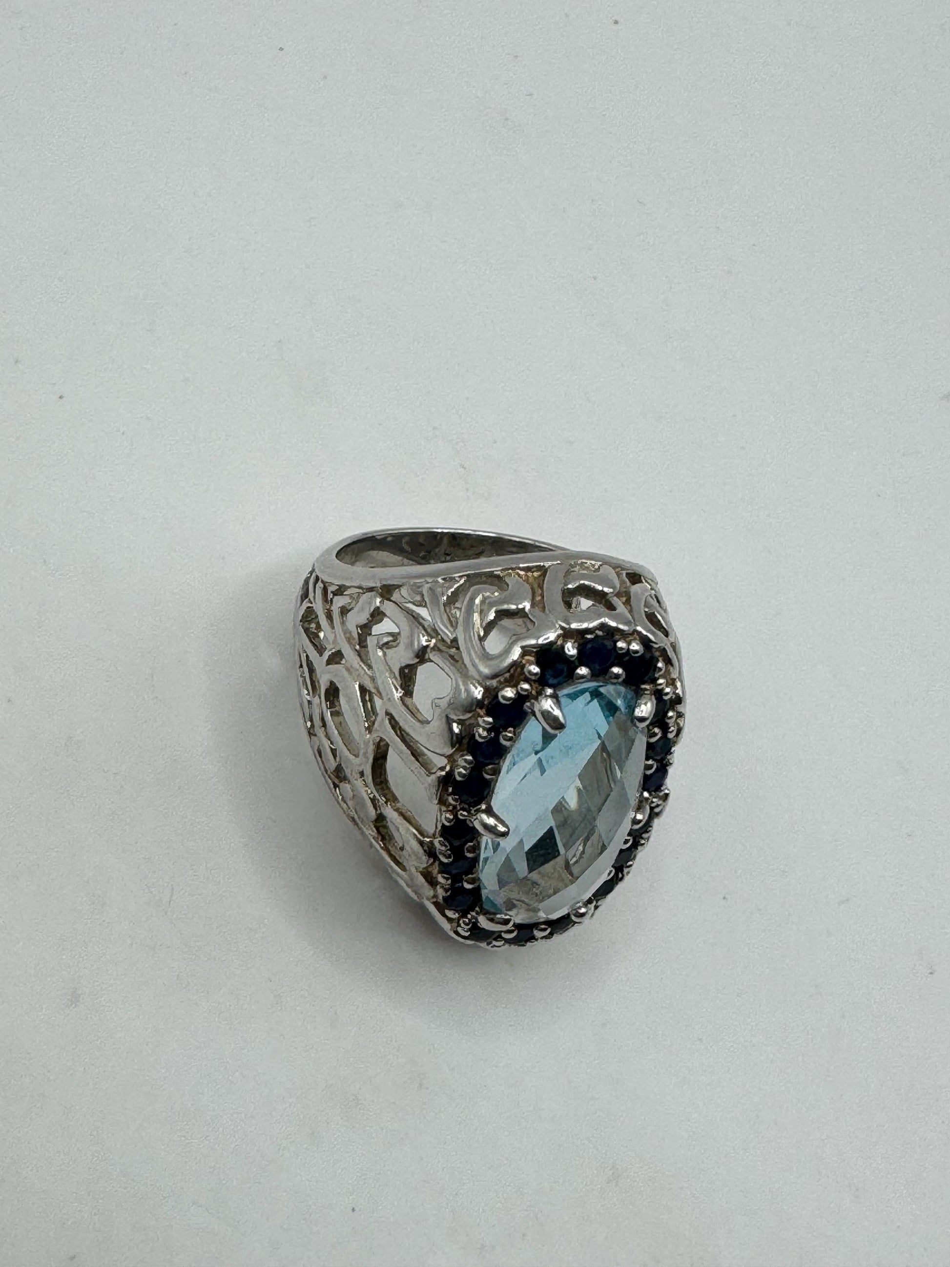 Vintage Genuine Blue Topaz and Sapphire 925 Sterling Silver Flower Cocktail Ring