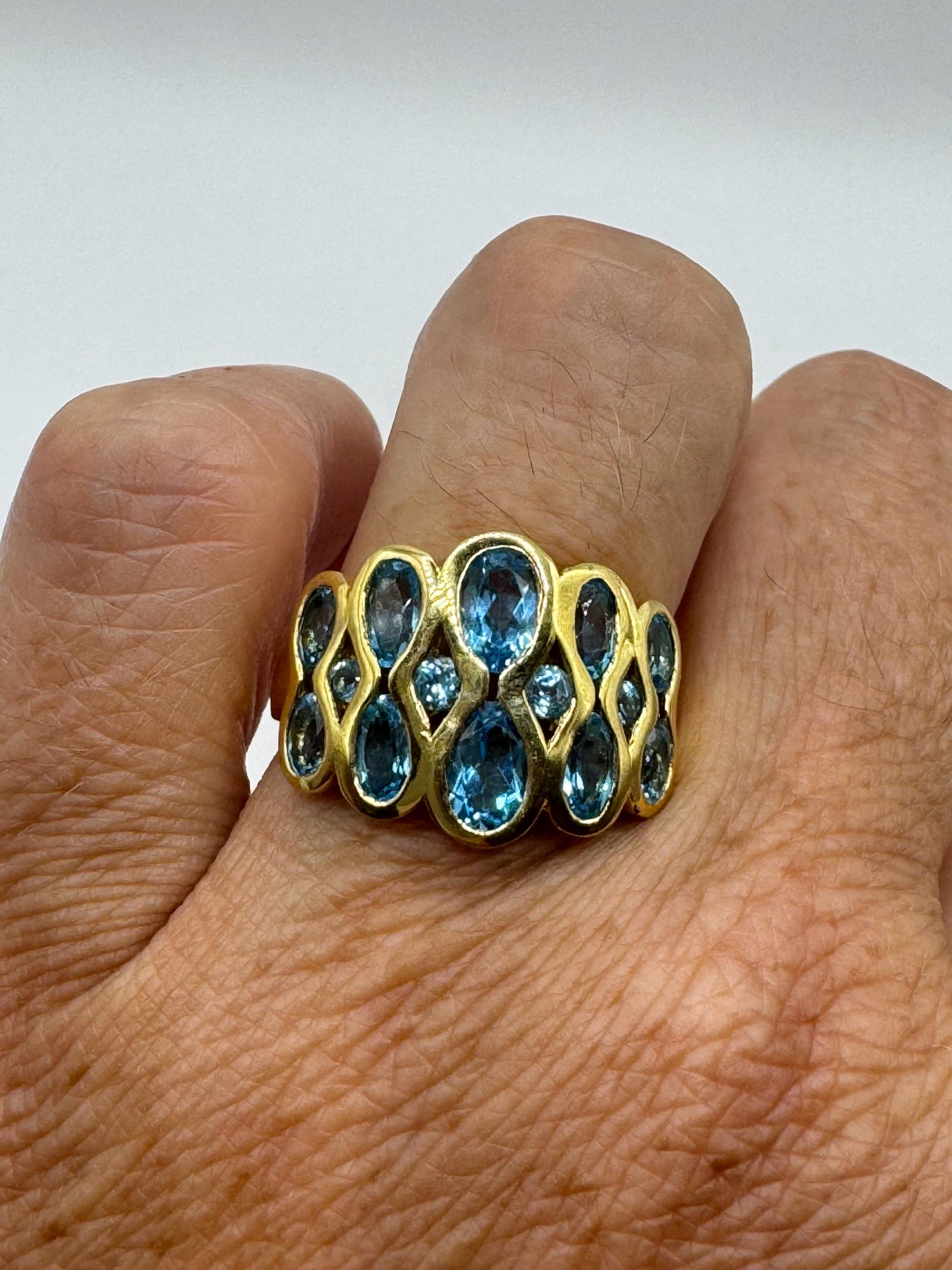 Vintage Genuine Blue Topaz Gold 925 Sterling Silver Cocktail Ring Size 7