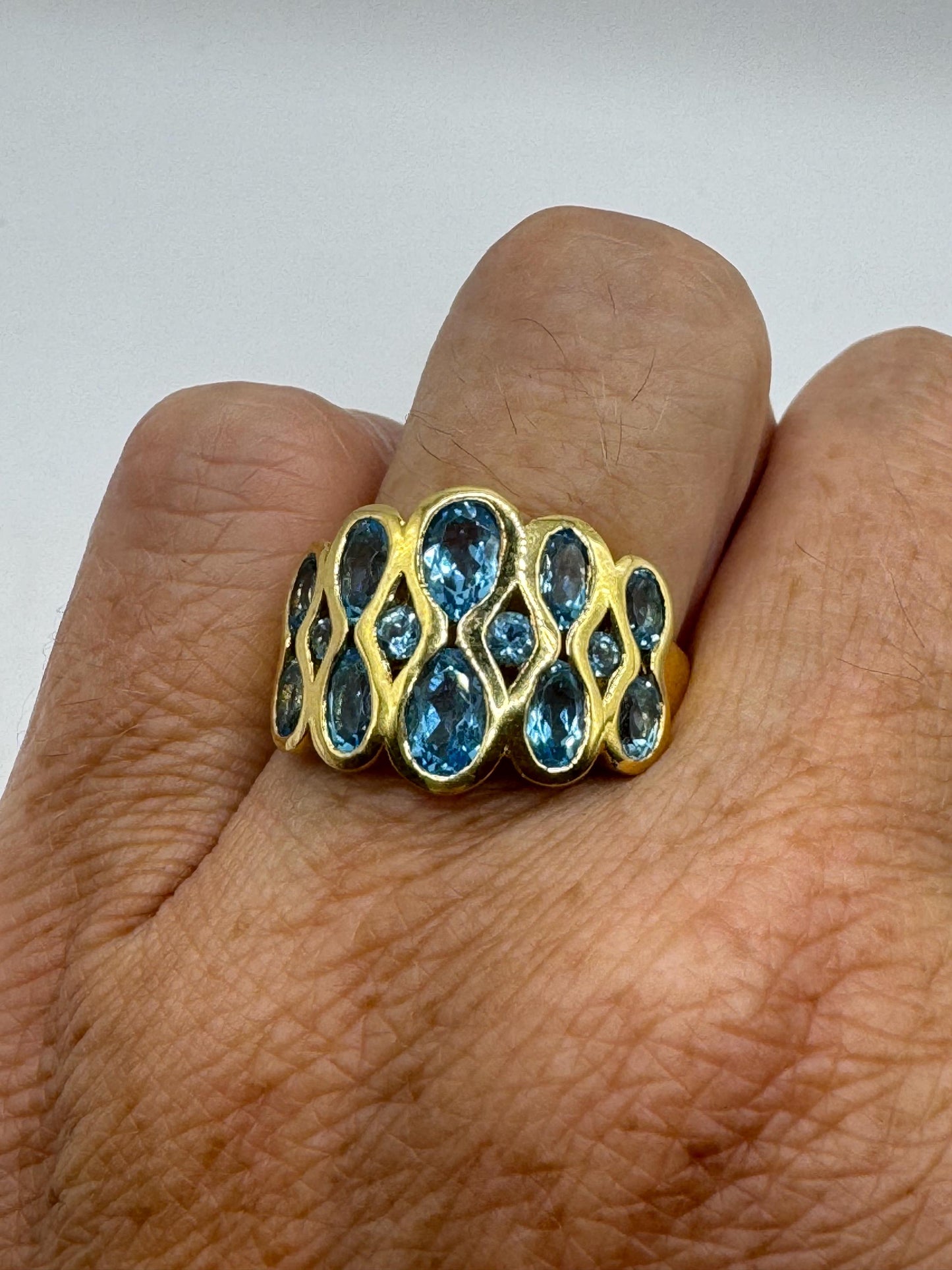 Vintage Genuine Blue Topaz Gold 925 Sterling Silver Cocktail Ring Size 7