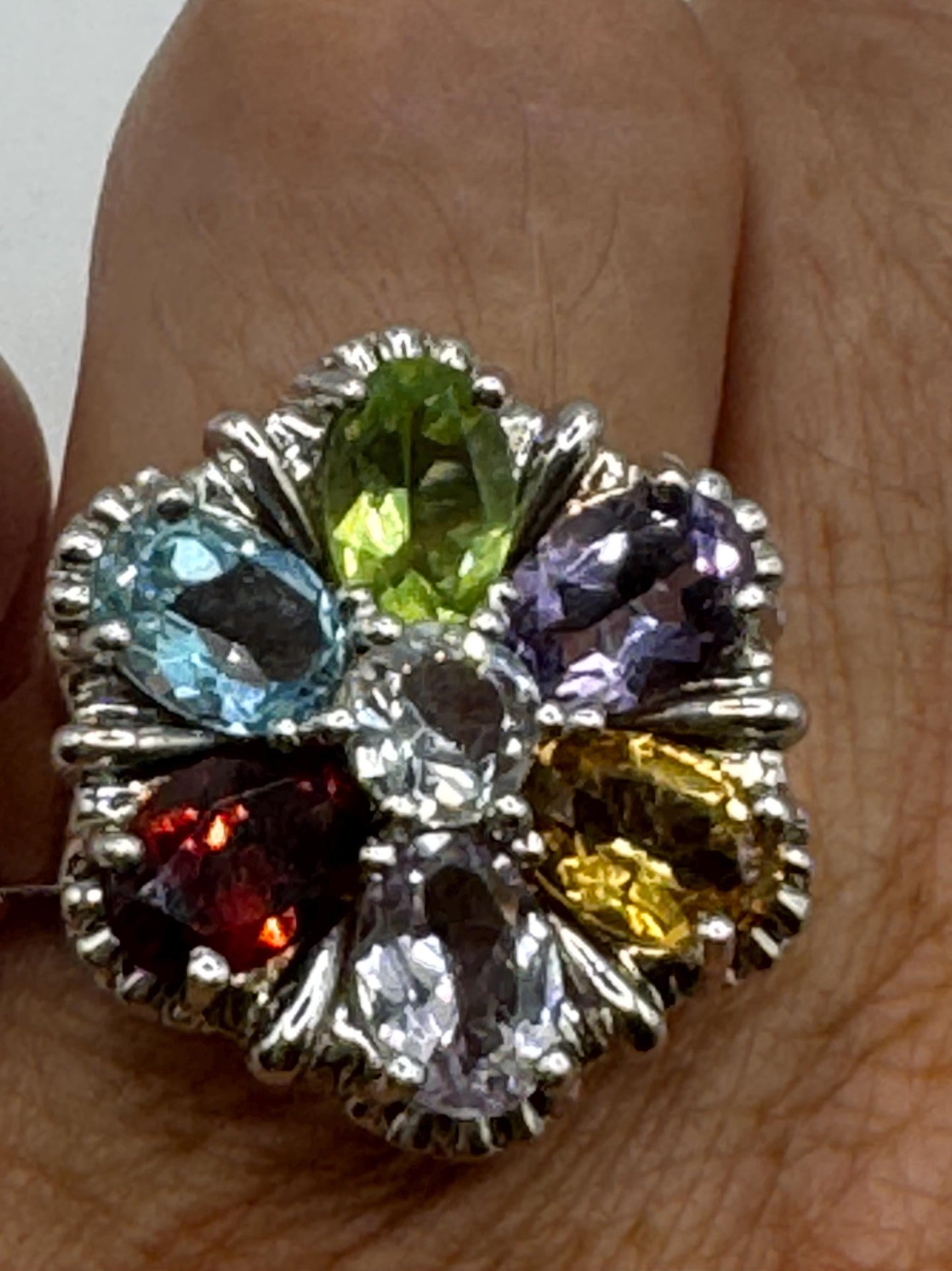 Vintage Genuine Mixed Gemstone 925 Sterling Silver Flower Cocktail Ring