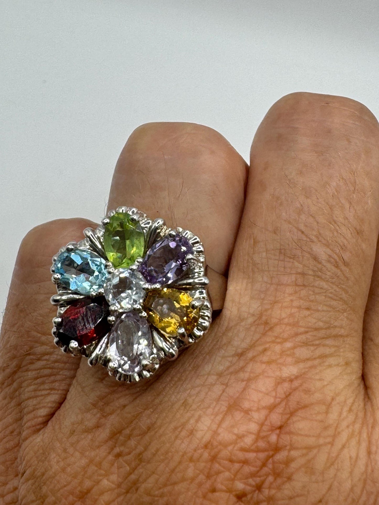 Vintage Genuine Mixed Gemstone 925 Sterling Silver Flower Cocktail Ring