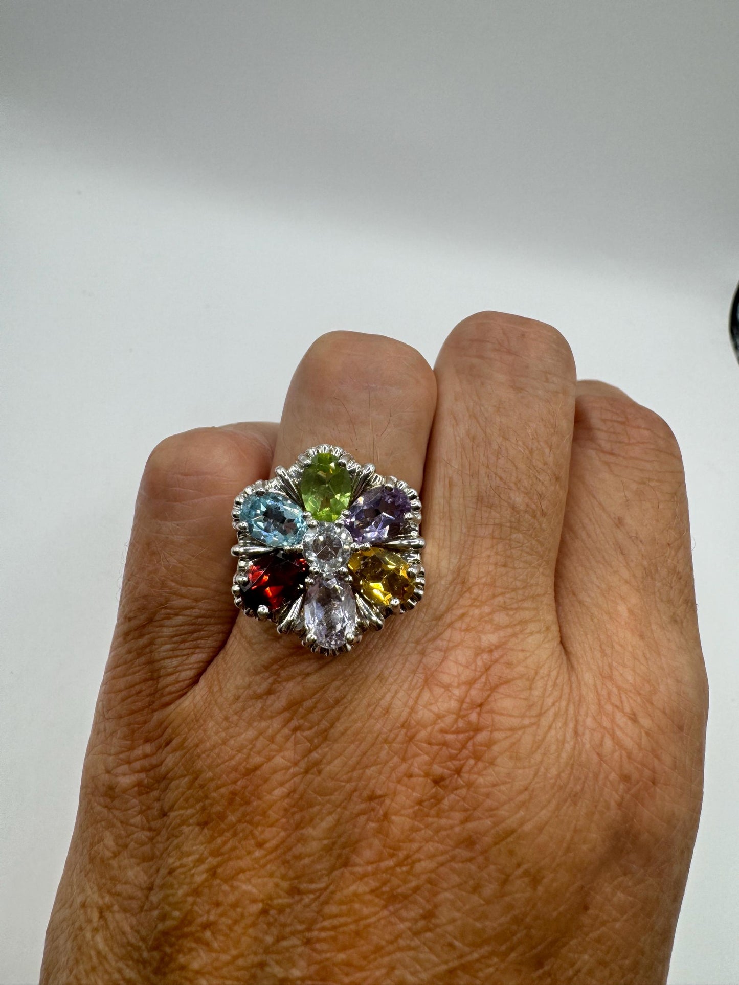 Vintage Genuine Mixed Gemstone 925 Sterling Silver Flower Cocktail Ring