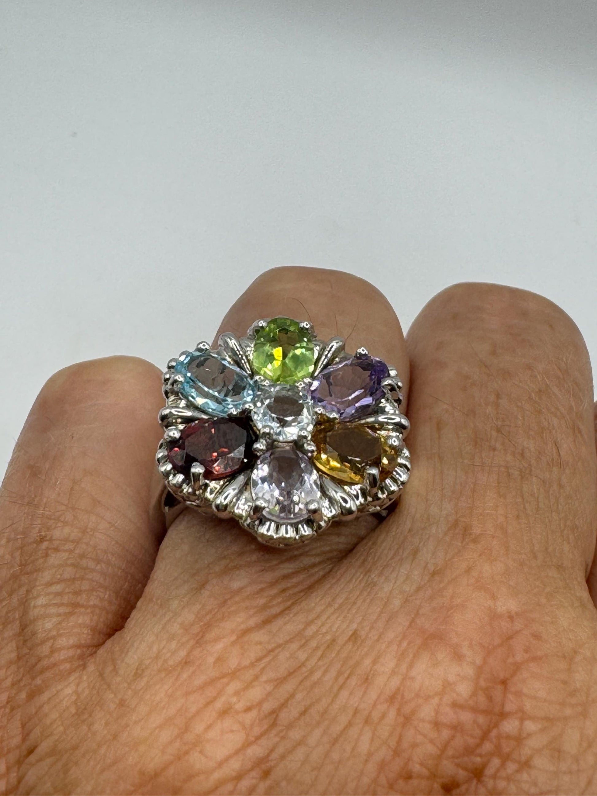 Vintage Genuine Mixed Gemstone 925 Sterling Silver Flower Cocktail Ring