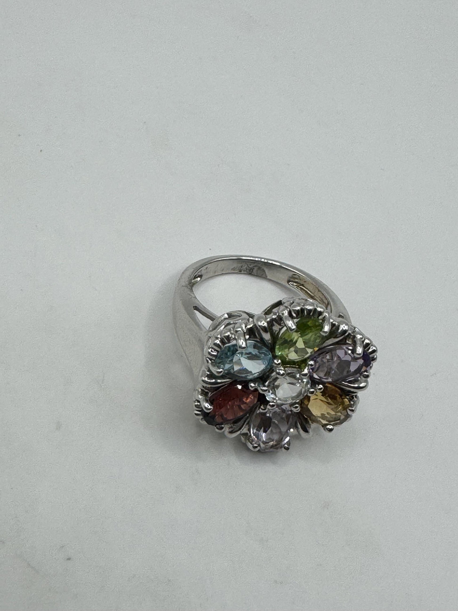 Vintage Genuine Mixed Gemstone 925 Sterling Silver Flower Cocktail Ring