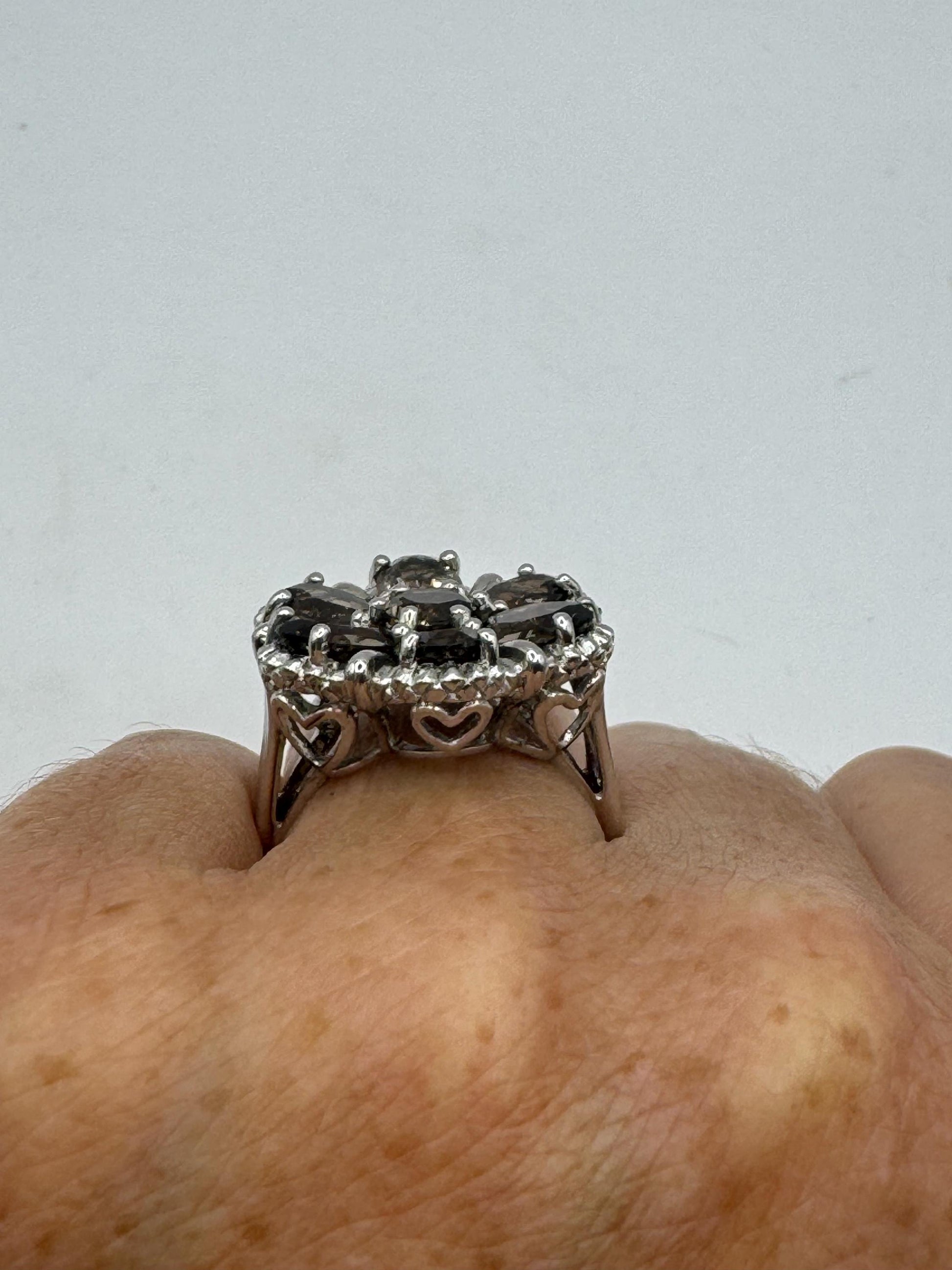 Vintage Genuine Smoky Topaz 925 Sterling Silver Flower Cocktail Ring