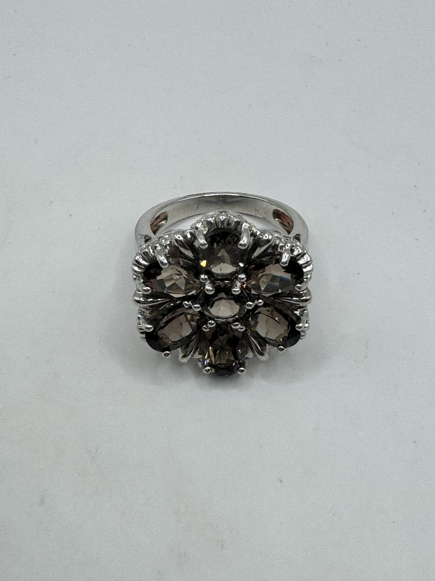 Vintage Genuine Smoky Topaz 925 Sterling Silver Flower Cocktail Ring