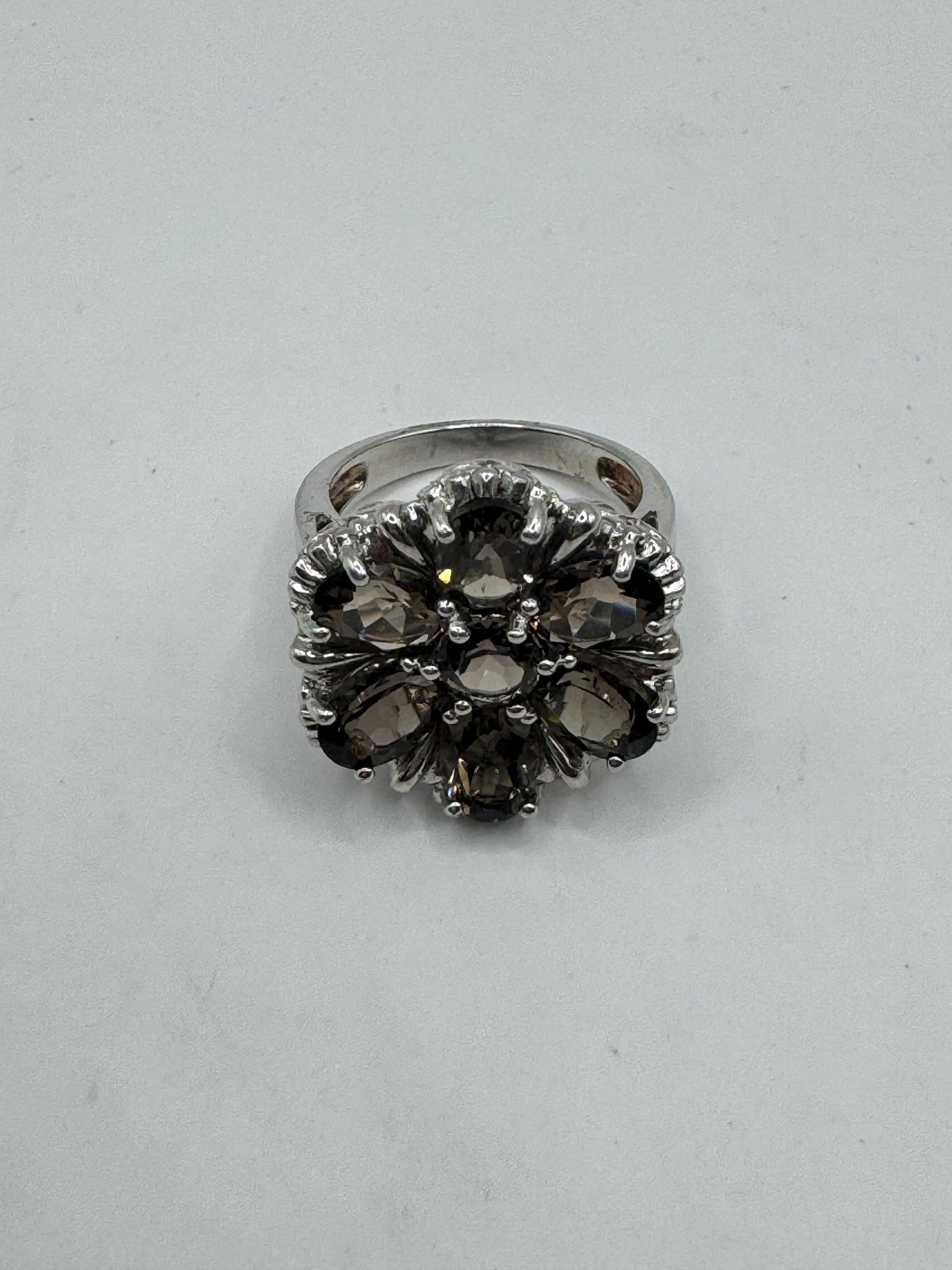 Vintage Genuine Smoky Topaz 925 Sterling Silver Flower Cocktail Ring