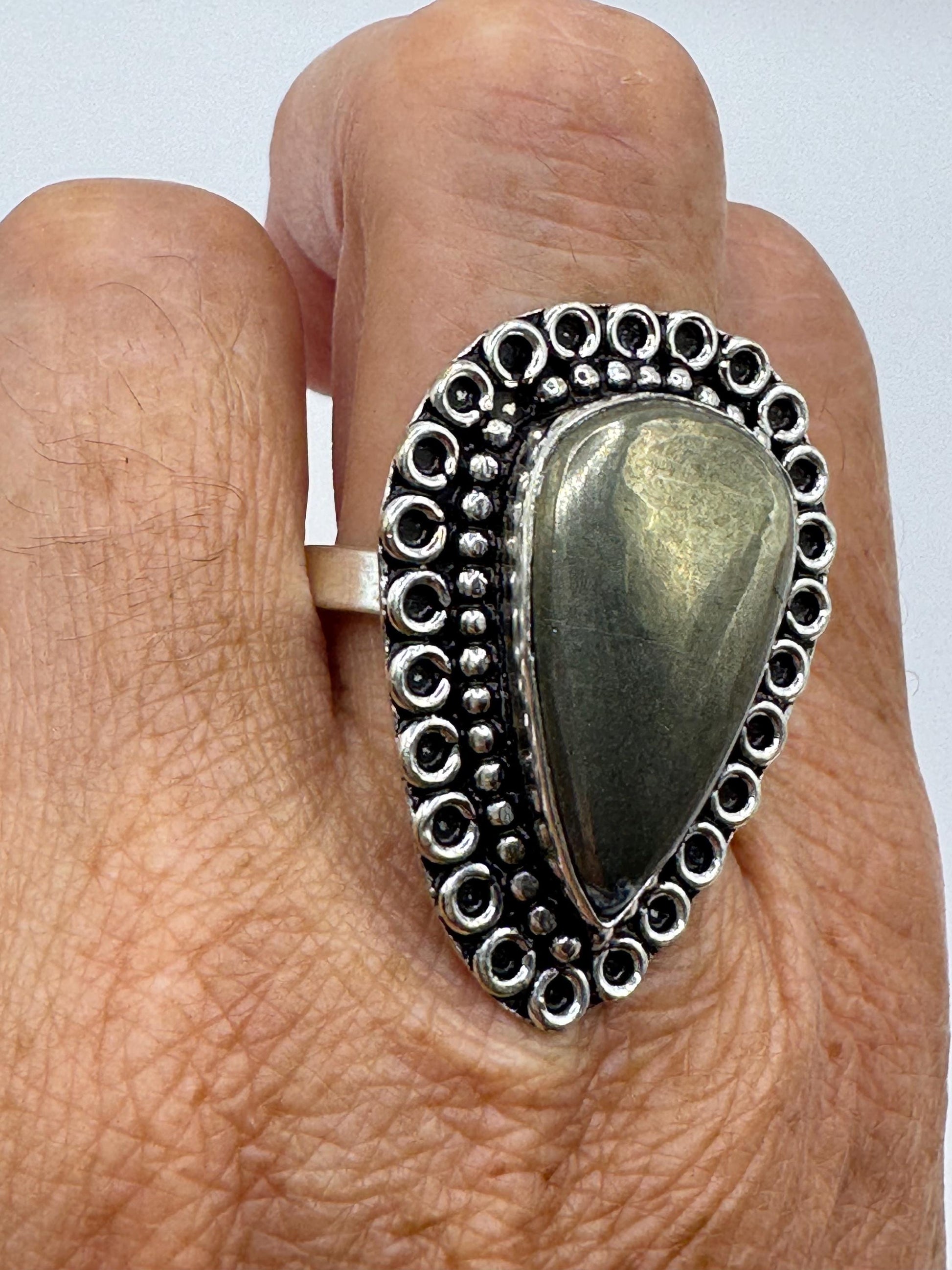 Vintage Gold Pyrite Silver Cocktail Ring Size 9